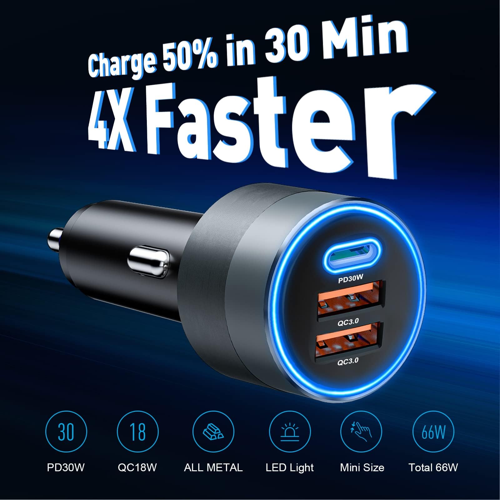 66W USB C Car Charger Fast Charging PD 30W + QC3.0 Dual Port - Metal Shell with Ambient Light - Compatible with iPhone 16/15/14/13 Pro Max, Samsung Galaxy Note, Google Pixel - Perfect for Road Trips & Long Drives