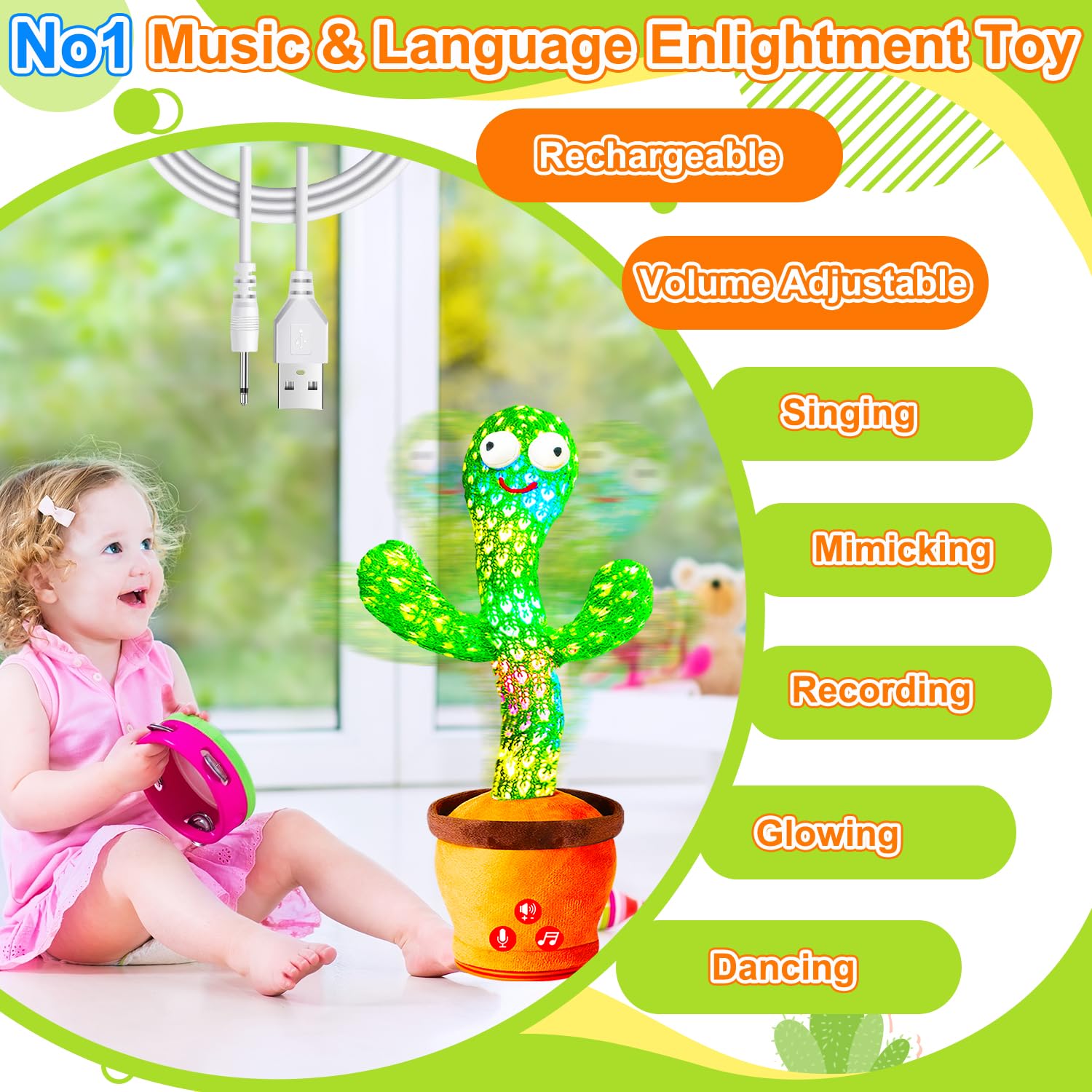 Rechargeable Dancing Talking Cactus Toy for Babies & Toddlers - Adjustable Volume, Singing, Mimicking & Repeating - Fun Interactive Learning Toy for Boys & Girls - Perfect for Easter Basket Stuffers, Birthday Gifts & Playtime Entertainment
