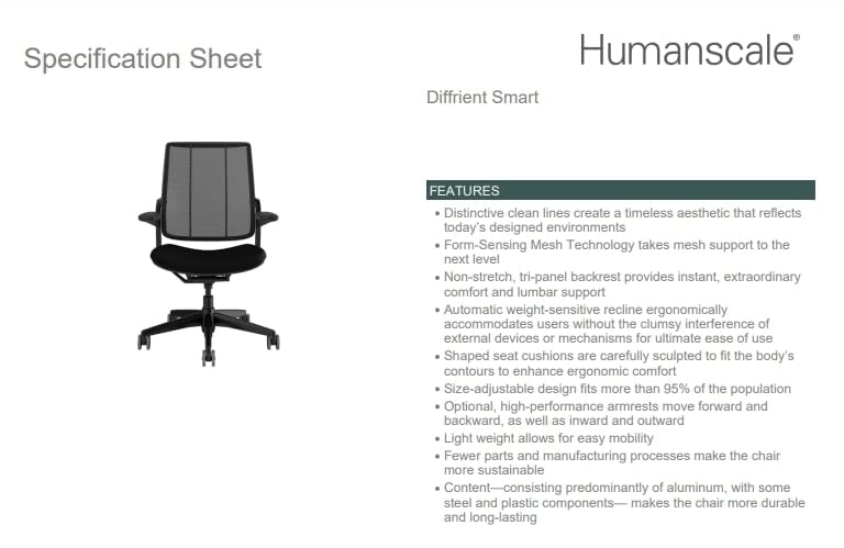 Humanscale Diffrient Smart Ergonomic Office Chair - Adjustable Duron Arms, Black Fabric Seat, Platinum Mesh Back with Carpet Casters - Perfect for Home Office & Workspace Comfort