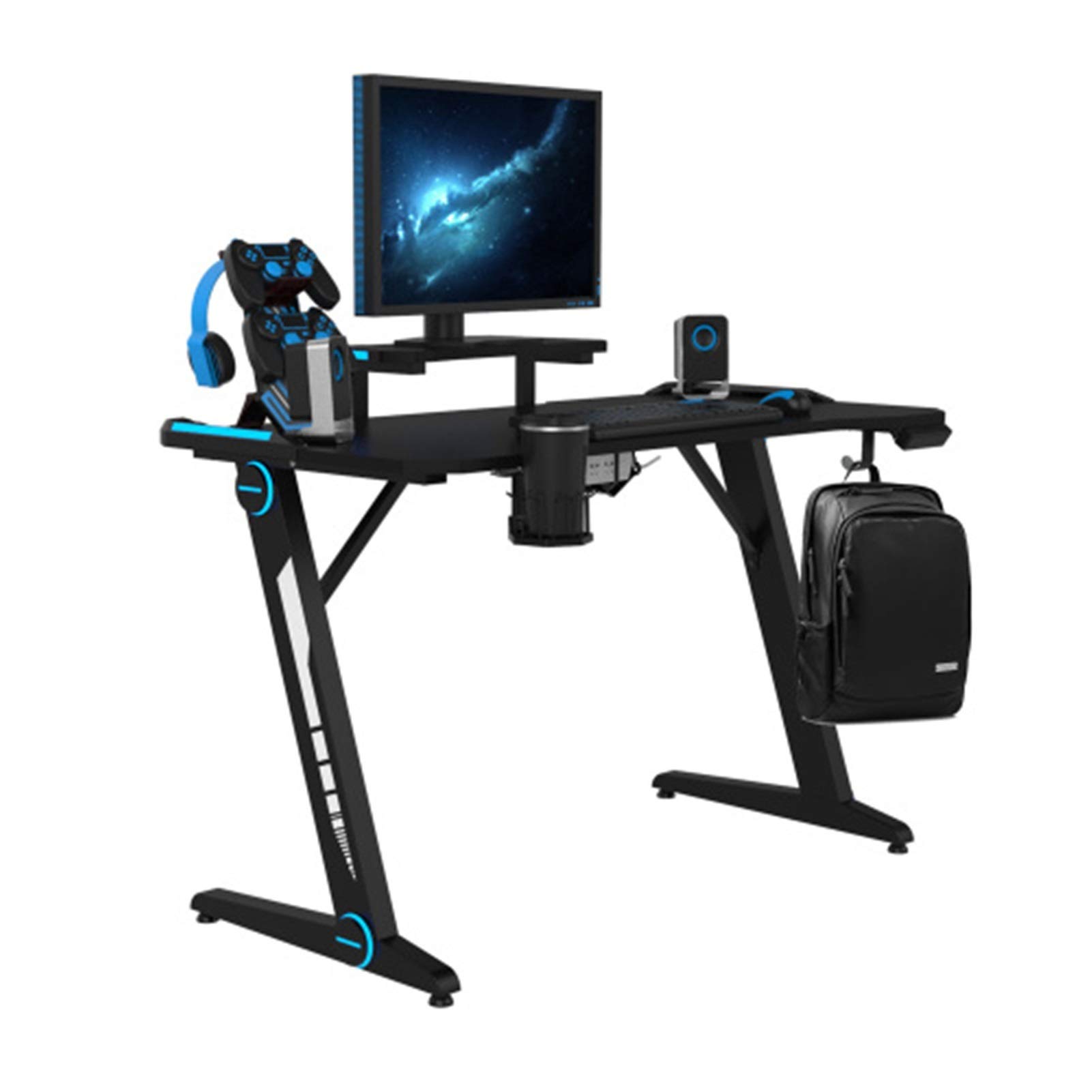 Z-Shaped Gaming Desk with Shelves & RGB Lights - Carbon Fiber Surface Computer Desk for Gamers, Includes Monitor Stand, Cup Holder & Headphone Hook - Perfect for Gaming Setup, Home Office & Study Workstation