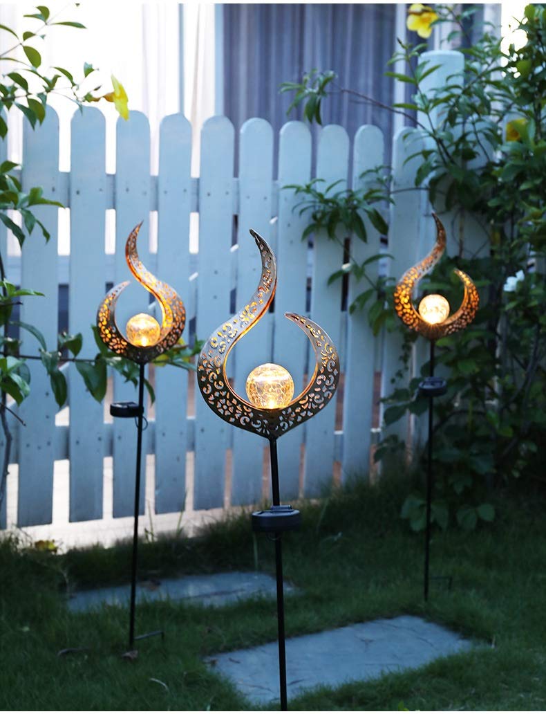 Solar Powered Flame Shaped LED Garden Lights - Waterproof Crackle Glass Globe Outdoor Stake Lights for Lawn, Pathway, Patio & Courtyard | Decorative Landscape Lighting for Backyard, Garden Party & Evening Ambiance
