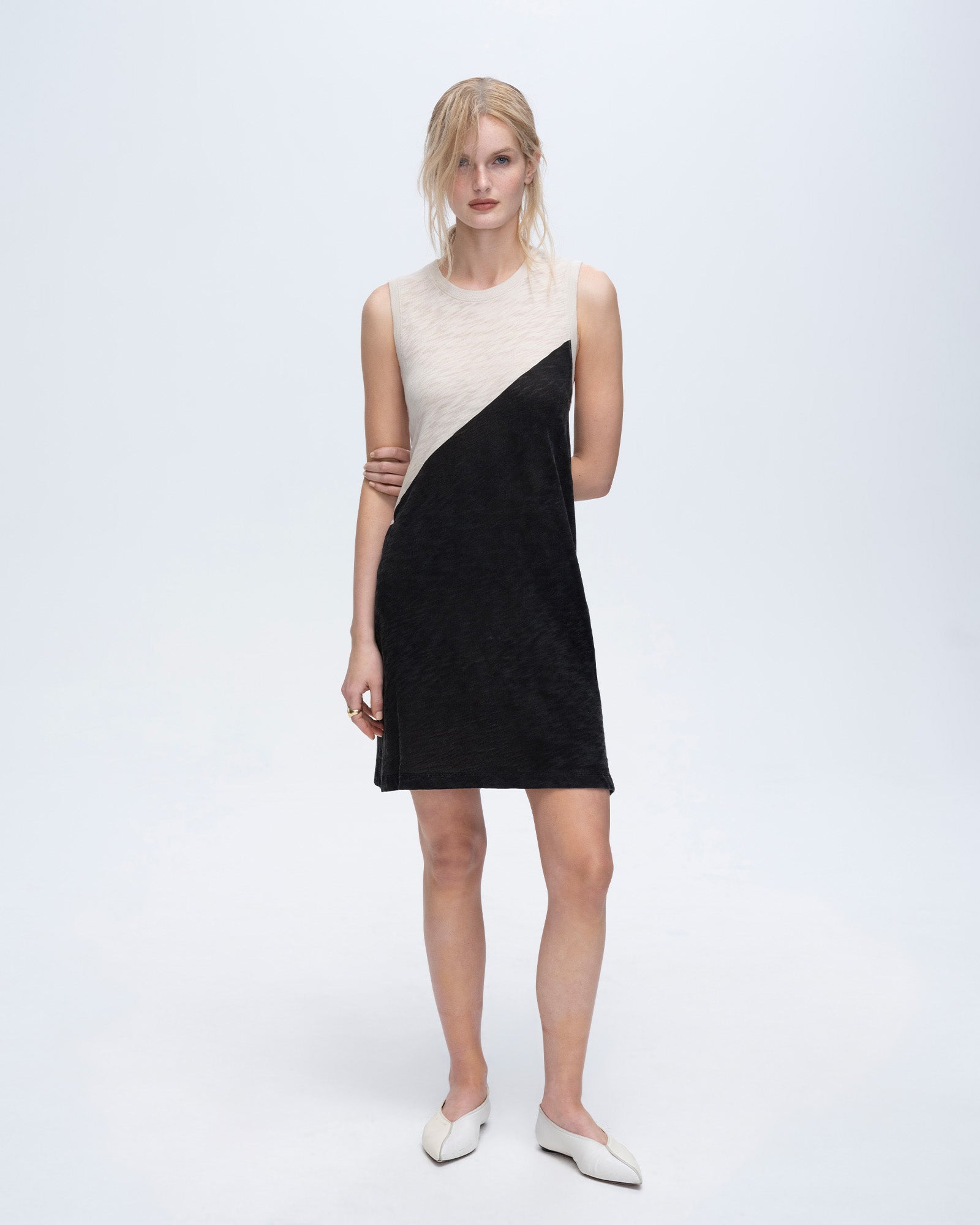 Slub Jersey Sleeveless A-Line Colorblock Dress - Soft Beige & Black | Casual Summer Outfit, Beach Coverup, Vacation Dress