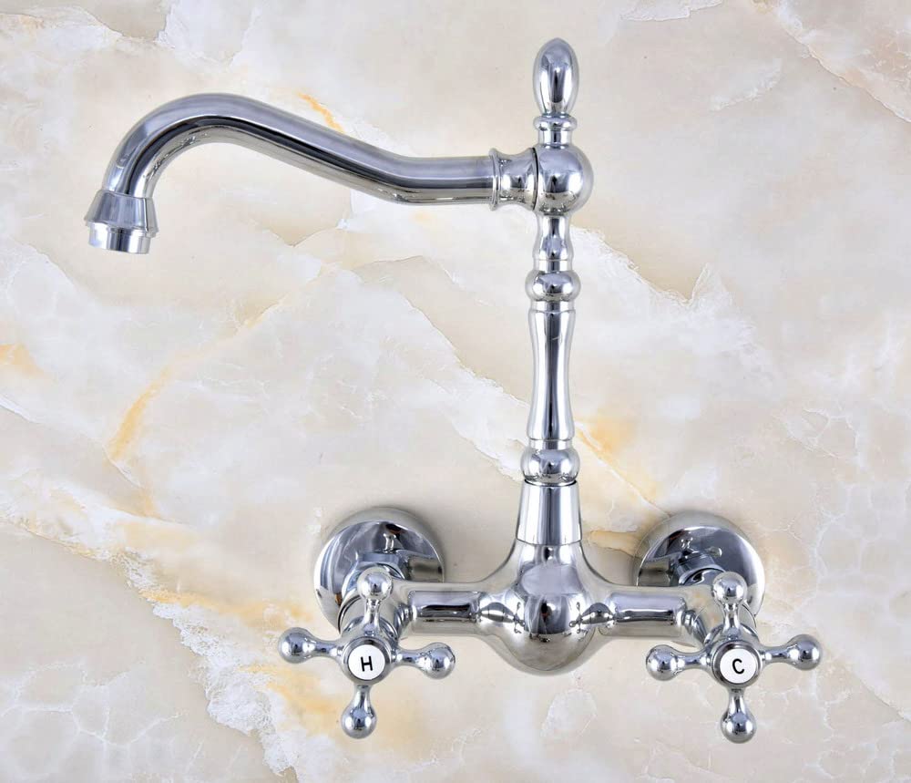 Polished Chrome Brass Wall Mount Bathroom Sink Faucet with Swivel Spout & Dual Cross Handles - Modern Basin Mixer Tap for Bathroom & Kitchen - Perfect for Small Spaces & Vanity Sinks