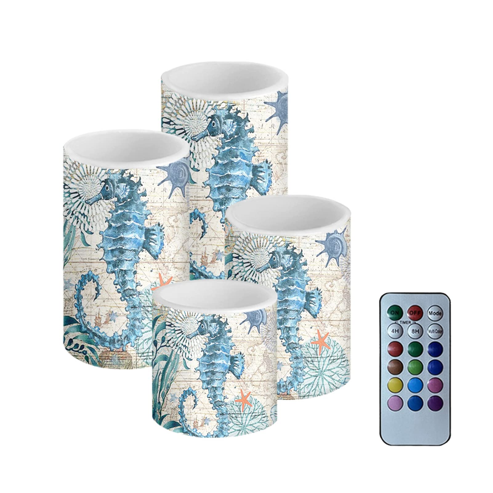 Vintage Sea Horse Realistic Flameless LED Candles with Remote & Timer - Battery Operated Flickering Pillar Candles for Home Decor (3”, 4”, 5”, 6” Height x 3” Diameter) - Perfect for Weddings, Parties, and Romantic Ambiance