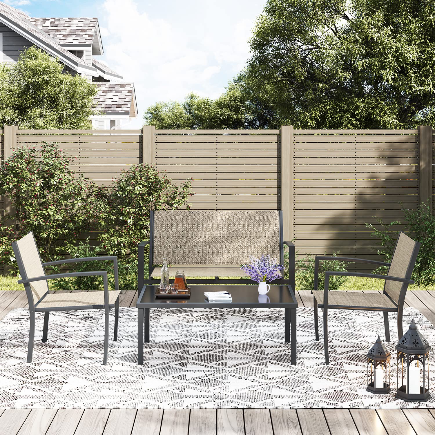 Greesum 4-Piece Outdoor Patio Furniture Set with Glass Coffee Table - Beige Wicker Conversation Set for Garden, Lawn, Poolside & Backyard - Perfect for Relaxing, Entertaining & Outdoor Dining