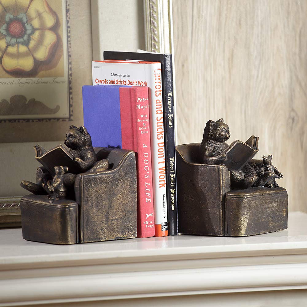 SPI Reading Friends Cat & Mouse Bookends Set - Cute Animal Bookends for Bookshelves, Perfect for Home Office Decor and Book Lovers Gift