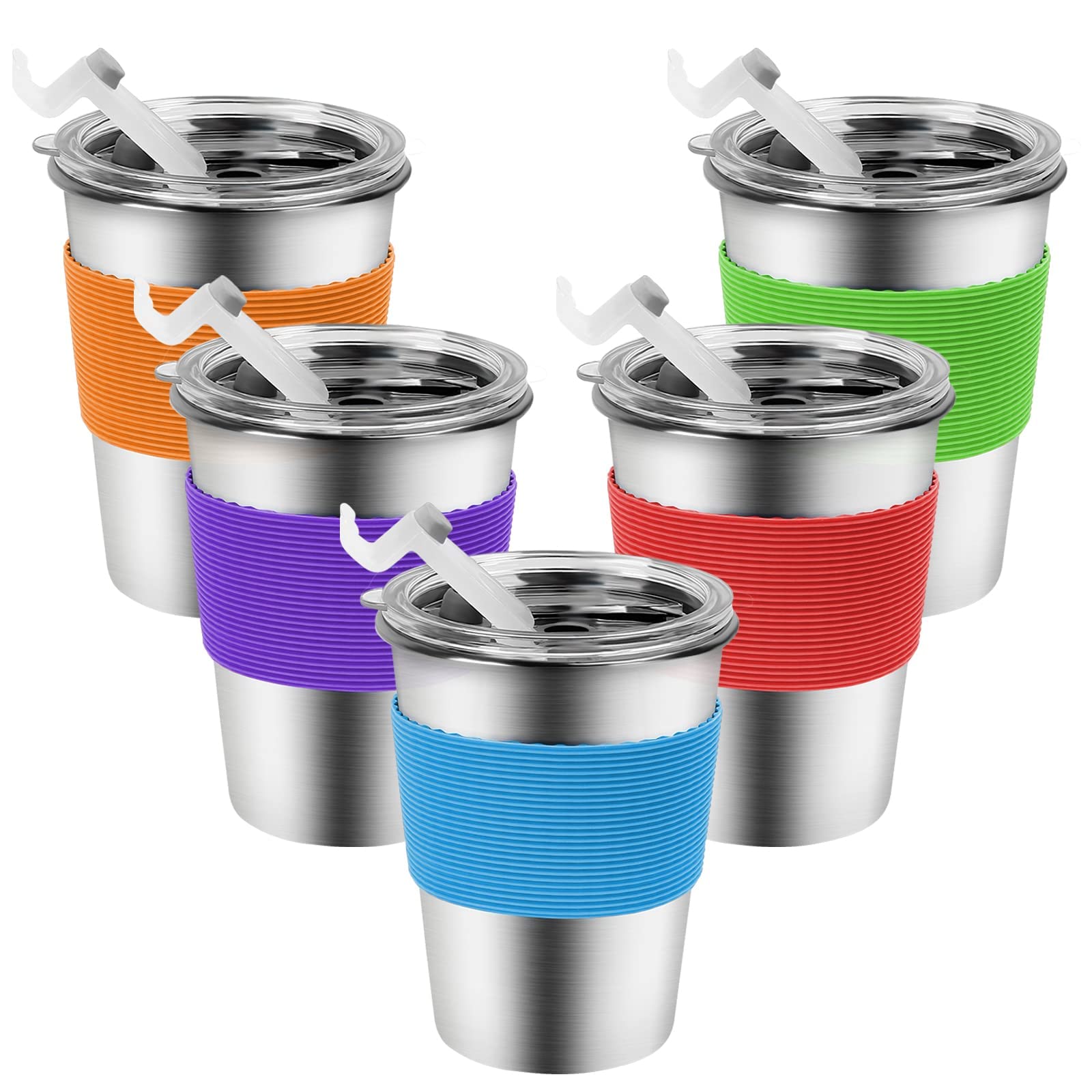 5 Pack Kids Stainless Steel Drinking Cups with Lids - Spill Proof, Unbreakable & Dishwasher Safe Metal Tumblers for Toddlers - 12oz Insulated Sleeve for Hot & Cold Drinks - Perfect for School, Travel, Picnics & Outdoor Activities