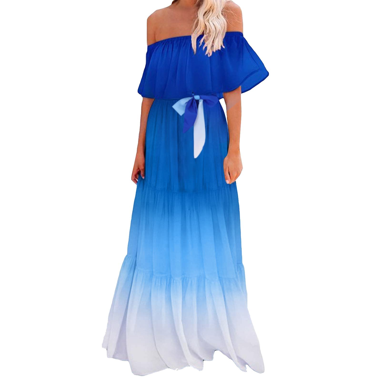Women's Off Shoulder Summer Dresses - Casual Ruffle High Waist Long Maxi Dress with Side Slit | Beach Vacation, Date Night & Party Wear