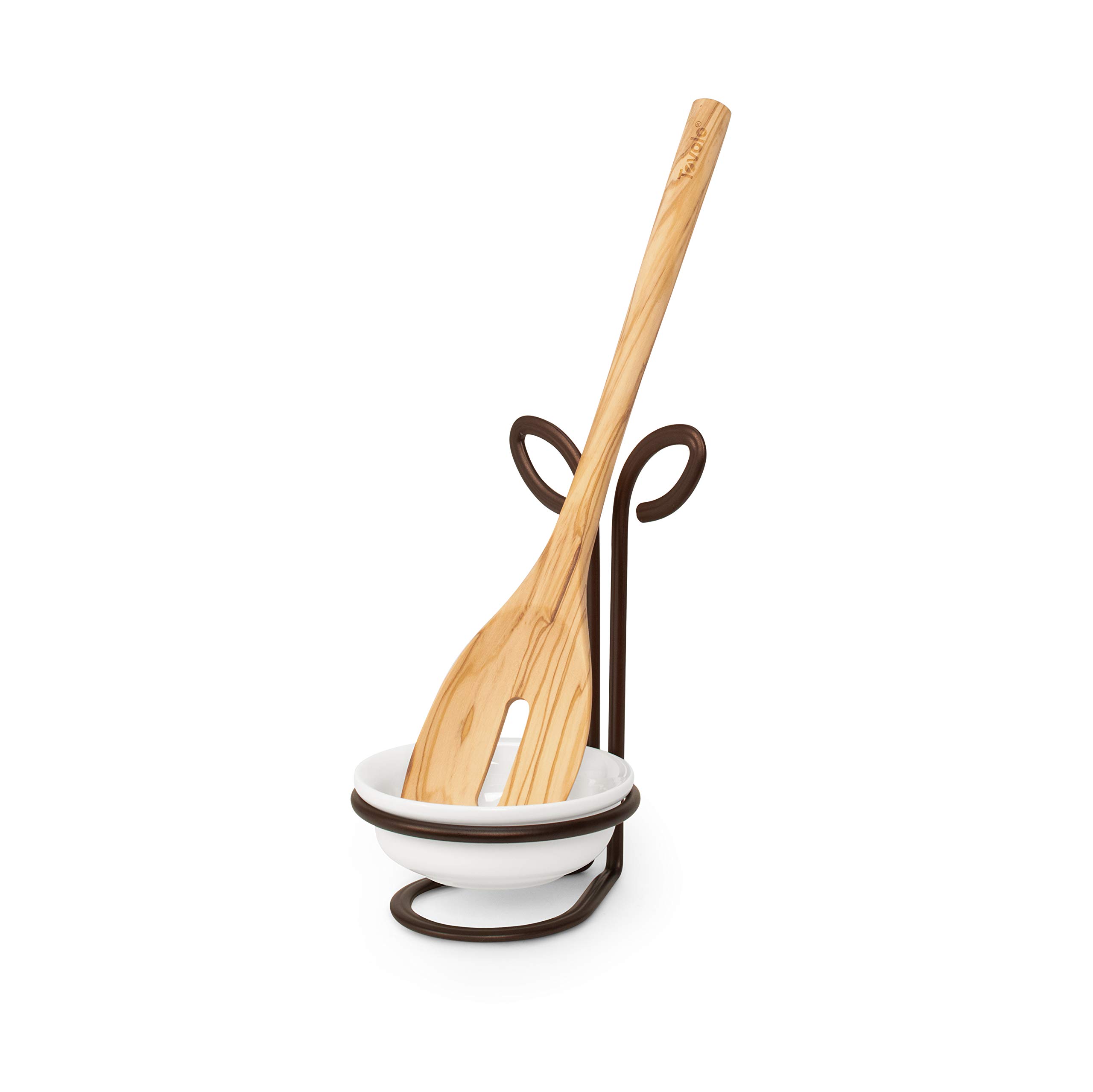 Modern Bronze Spectrum Leaf Spoon Rest with Ceramic Dish - Vertical Utensil Holder for Stovetop Organization - Nature-Inspired Kitchen Décor - Perfect for Cooking, Serving & Kitchen Counter Display