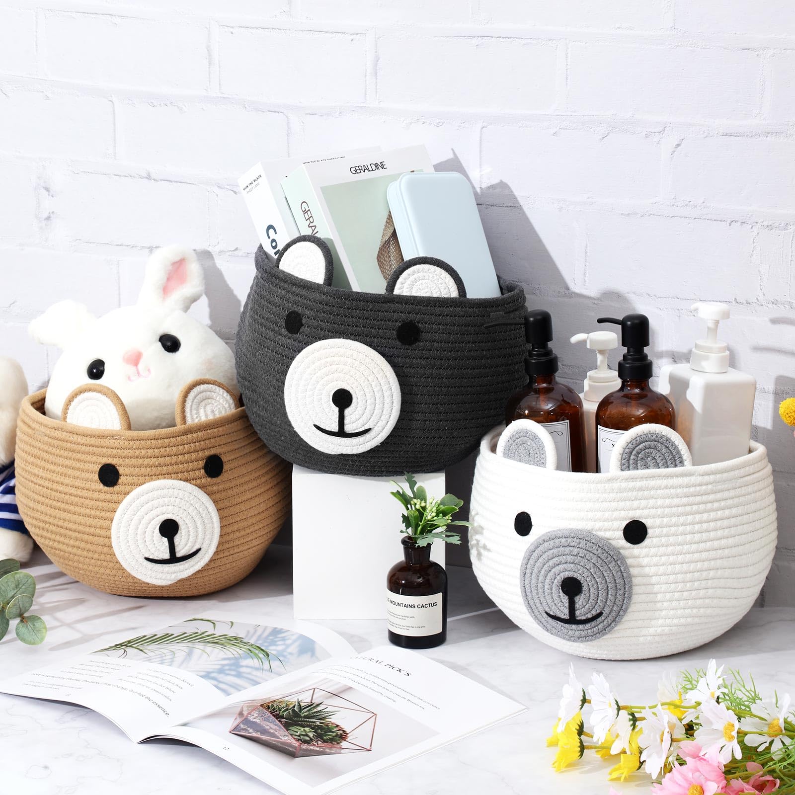 Cute Bear Toy Storage Basket Set of 6 - 10.5 x 8.5 Inch Round Cotton Rope Nursery Organizer, Woven Wicker Hamper for Toys, Blankets & Towels (White, Khaki, Dark Gray) - Perfect for Kids' Room, Playroom & Baby Shower Gifts