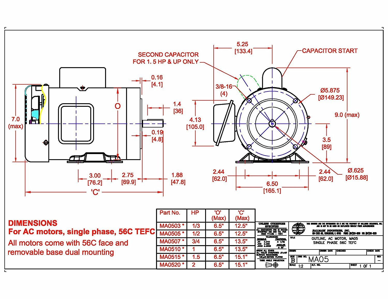 Hallmark Industries MA0507A 3/4 HP AC Motor - 1725 RPM, 1 Phase 60Hz, 115/208-230V, 56C/TEFC, Capacitor Start with Foot Mount, SF 1.15, Steel Frame (Single Unit) - Ideal for Pumps, Fans, and Industrial Machinery