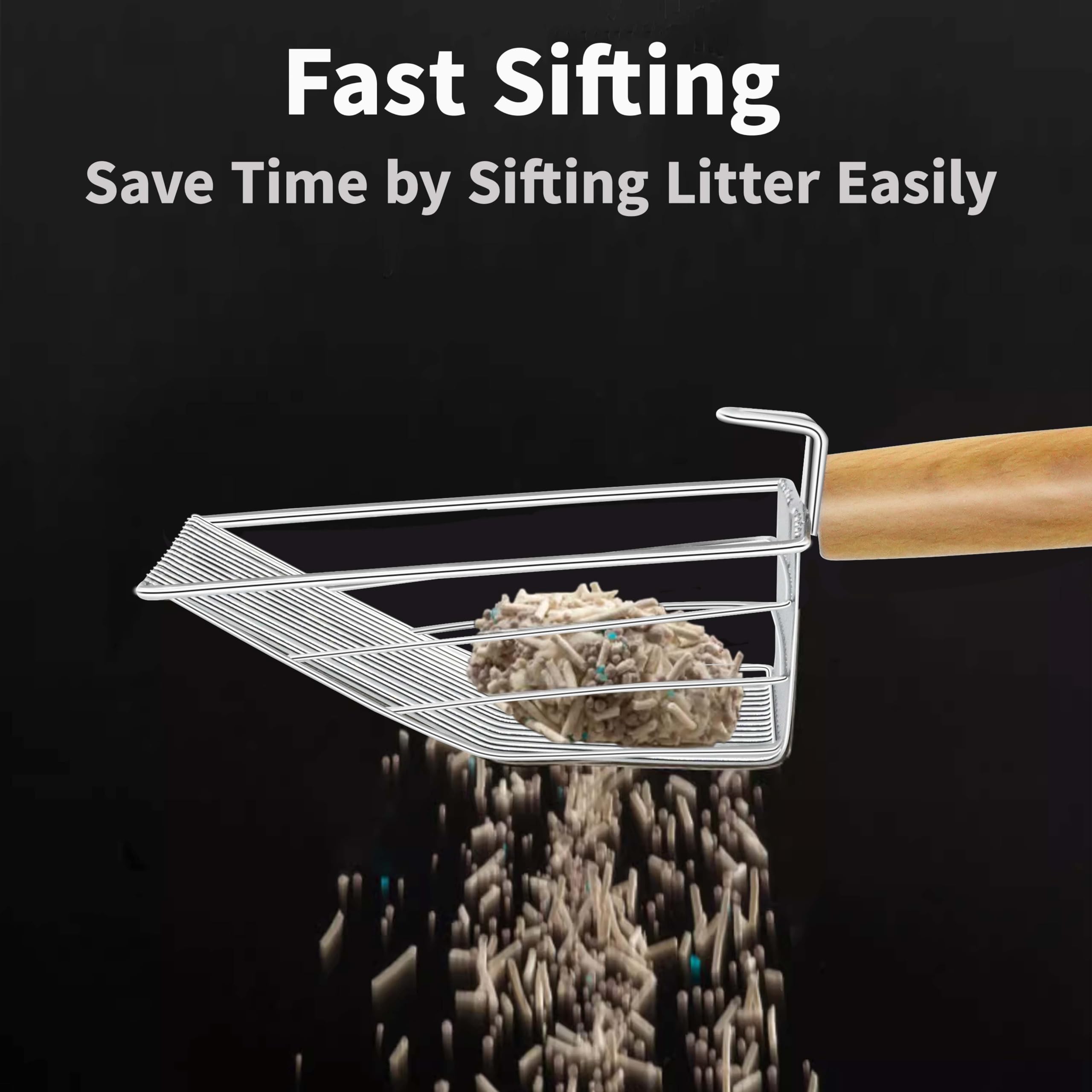 Premium Metal Cat Litter Scoop with Holder - Fast Sifting Poop Scooper with Ergonomic Wood Handle (0.3
