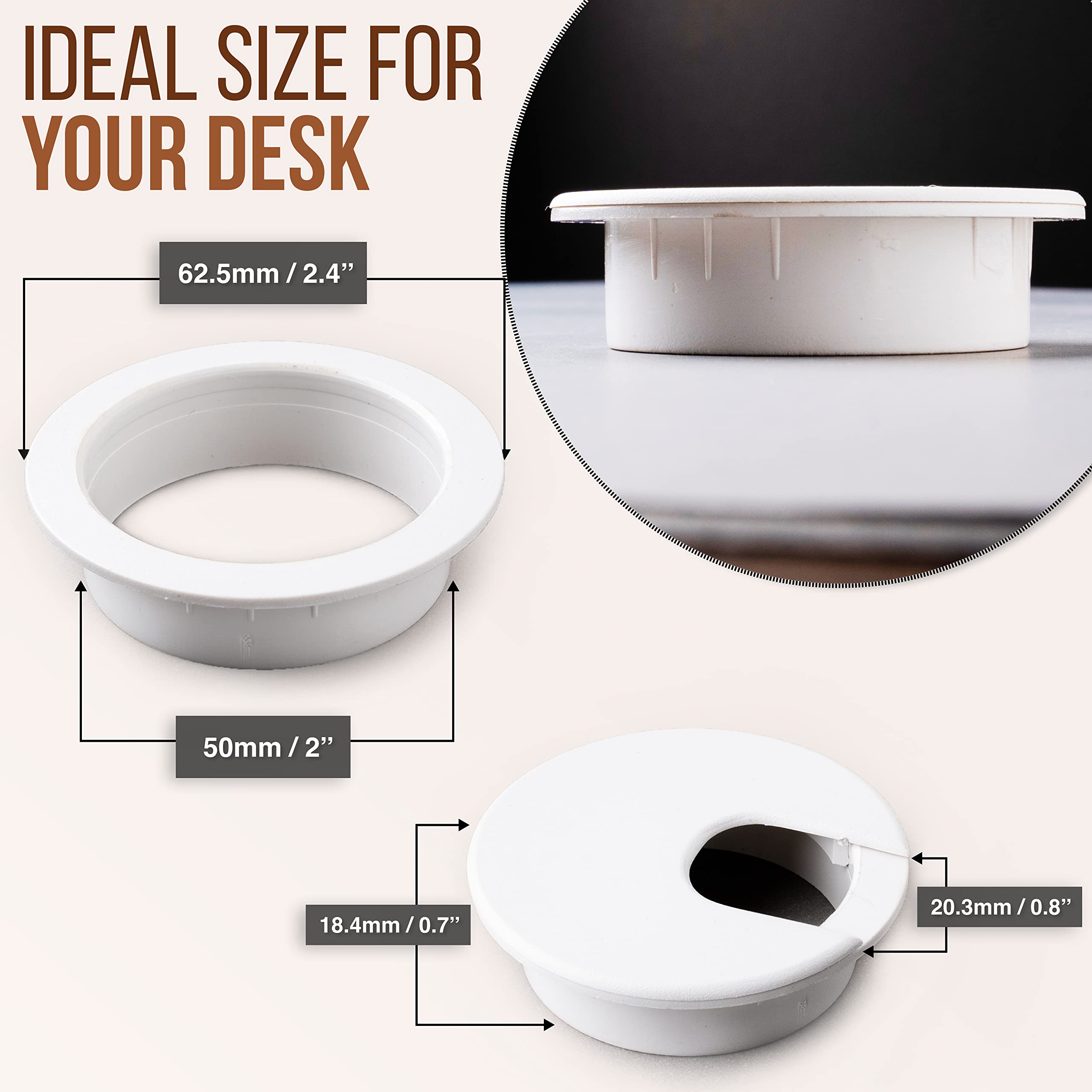 MAHDPRO 2 Inch (50mm) White Desk Grommet - Pack of 5 ABS Plastic Cable Hole Covers for Computer Desks & Countertops | Organize Wires & Cables Neatly | Perfect for Home Office, Gaming Setup & Workspace Organization