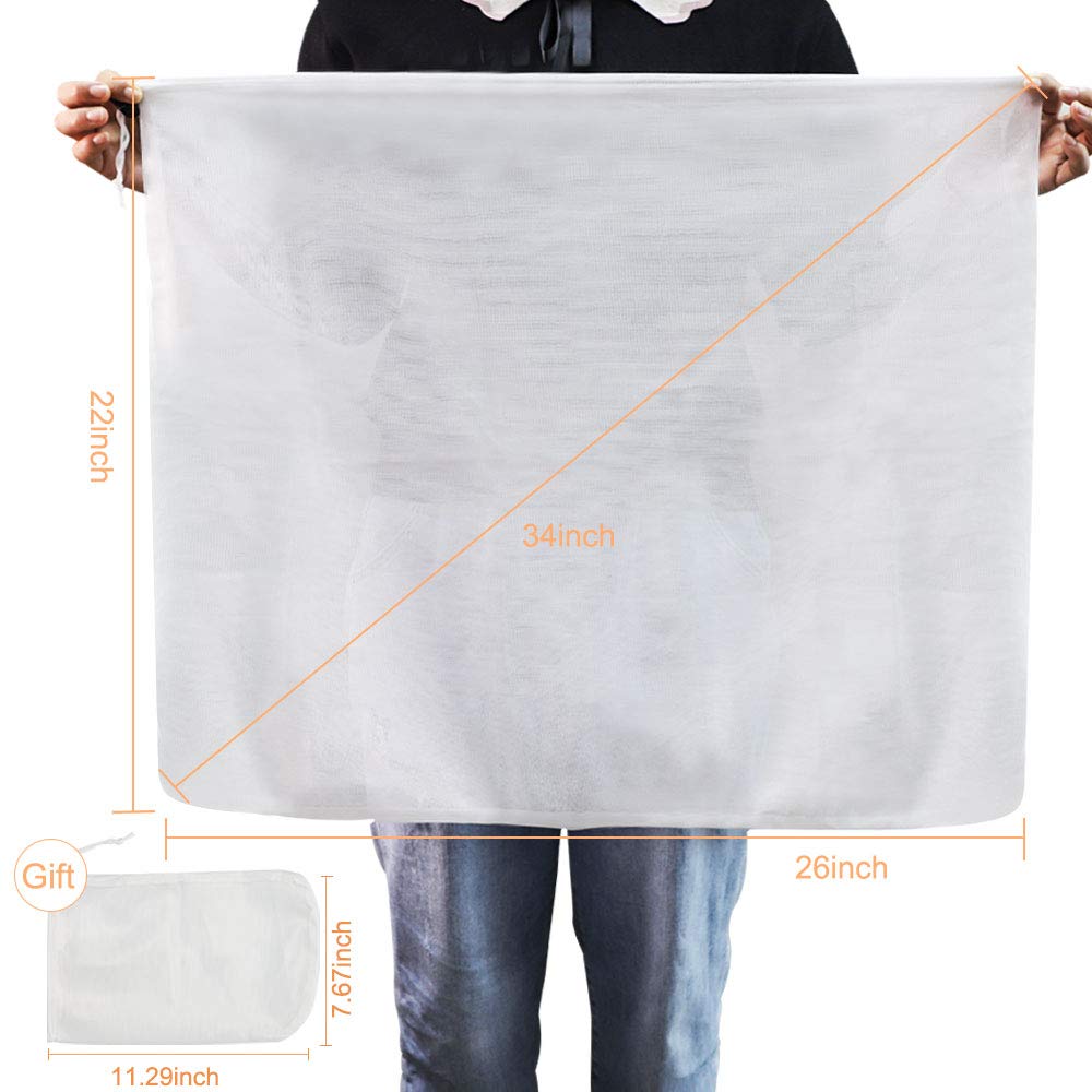 3pcs Reusable 175 Micron Fine Mesh Brew Bags - Food Grade BPA-Free Nylon Strainer for Wine, Beer, Tea & Nut Milk - Ultra Strong Drawstring Filter Bag for Home Brewing & Kitchen Use