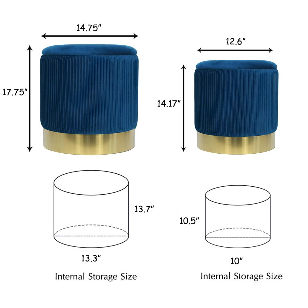 Blue Velvet Round Storage Ottoman Set of 2 - Gold Accent Ottoman Chairs for Living Room & Bedroom | Modern Footrest with Hidden Storage | Perfect for Small Spaces, Home Decor & Extra Seating