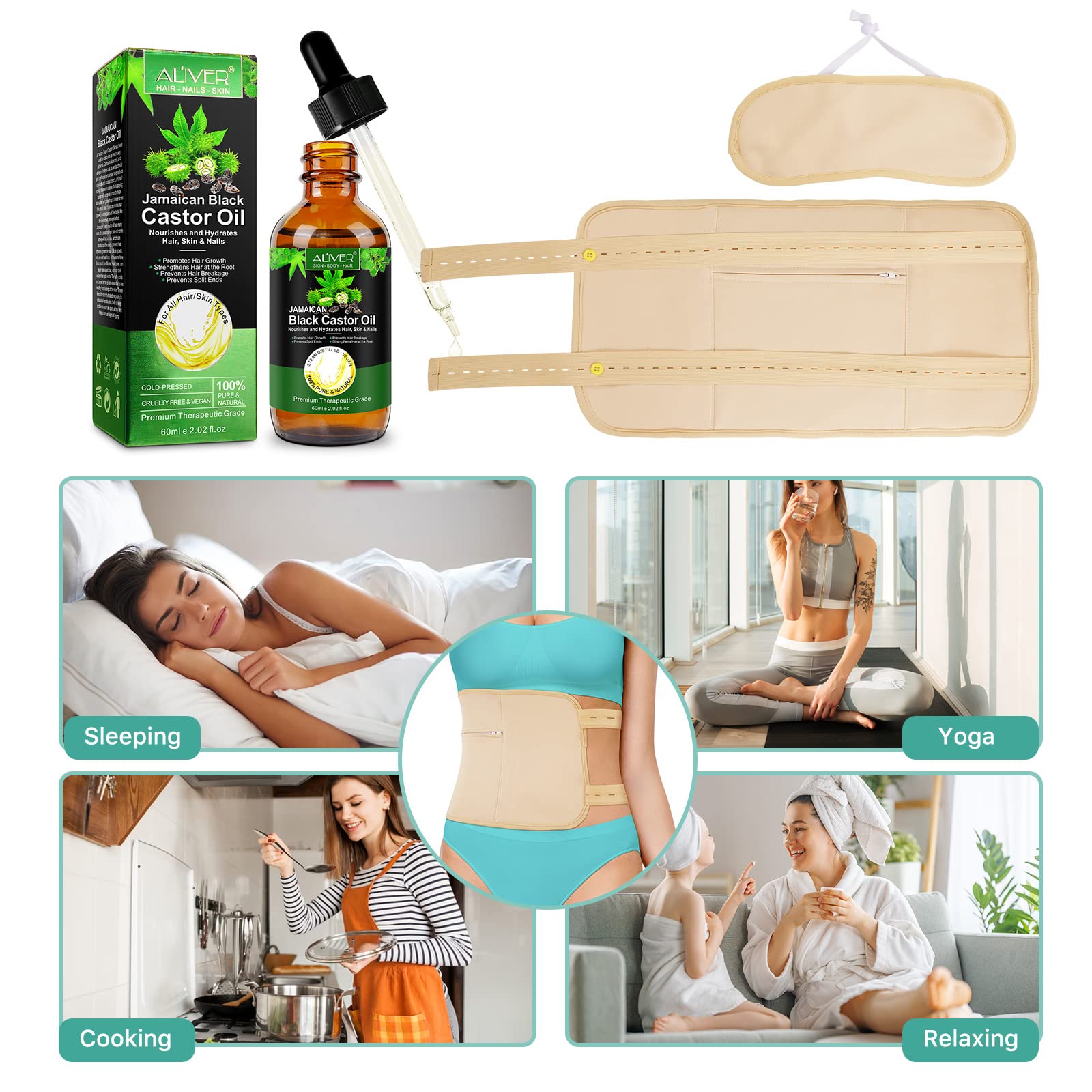 Organic Castor Oil Pack Wrap Kit - Reusable & Eco-Friendly for Liver Detox, Waist & Neck Pain Relief (Oil Not Included, Khaki) | Perfect for Home Spa, Holistic Therapy & Self-Care Relaxation