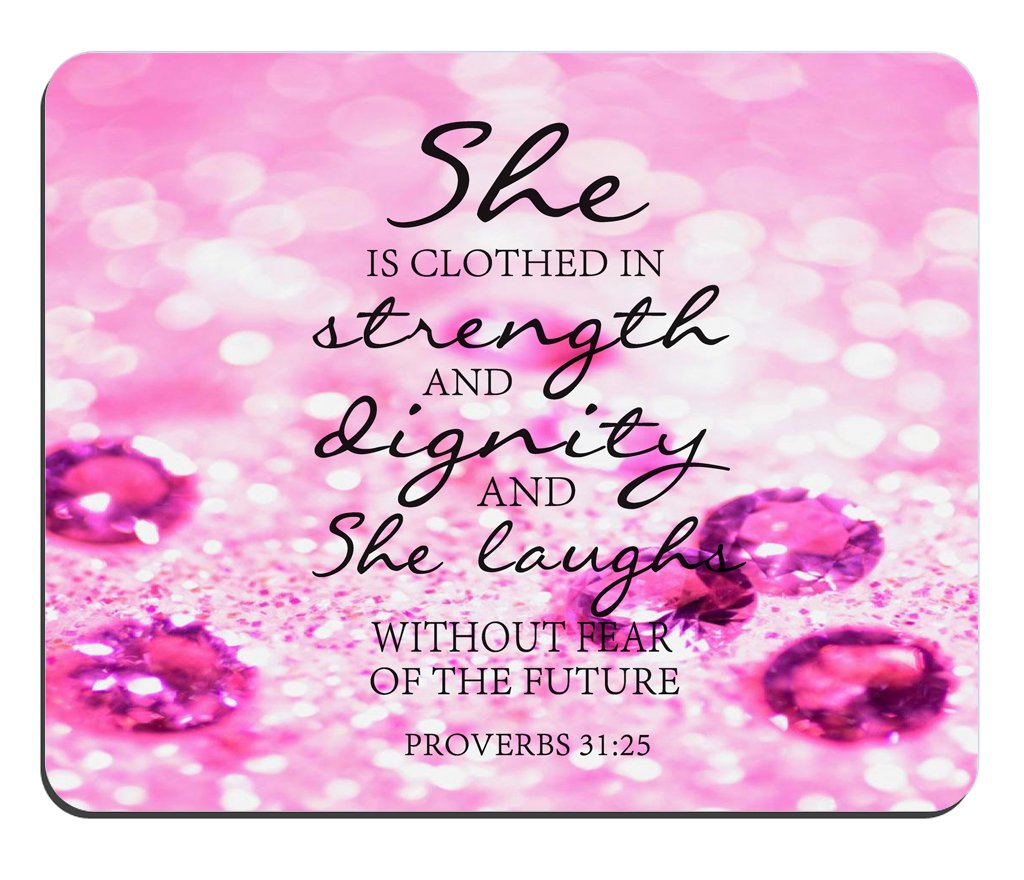 Red Gemstone Glitter Mouse Pad with Proverbs 31:25 Bible Verse - 'She is Clothed in Strength and Dignity' - Non-Slip Rubber Gaming & Office Desk Mat for Women, Christian Gifts, Work & Home Decor