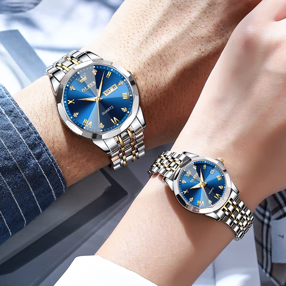 OLEVS His and Her Couple Watches Set - Analog Quartz Business Watches for Men & Women - Stainless Steel Waterproof Luminous Date Wristwatch - Perfect for Anniversary Gifts, Date Nights & Formal Occasions