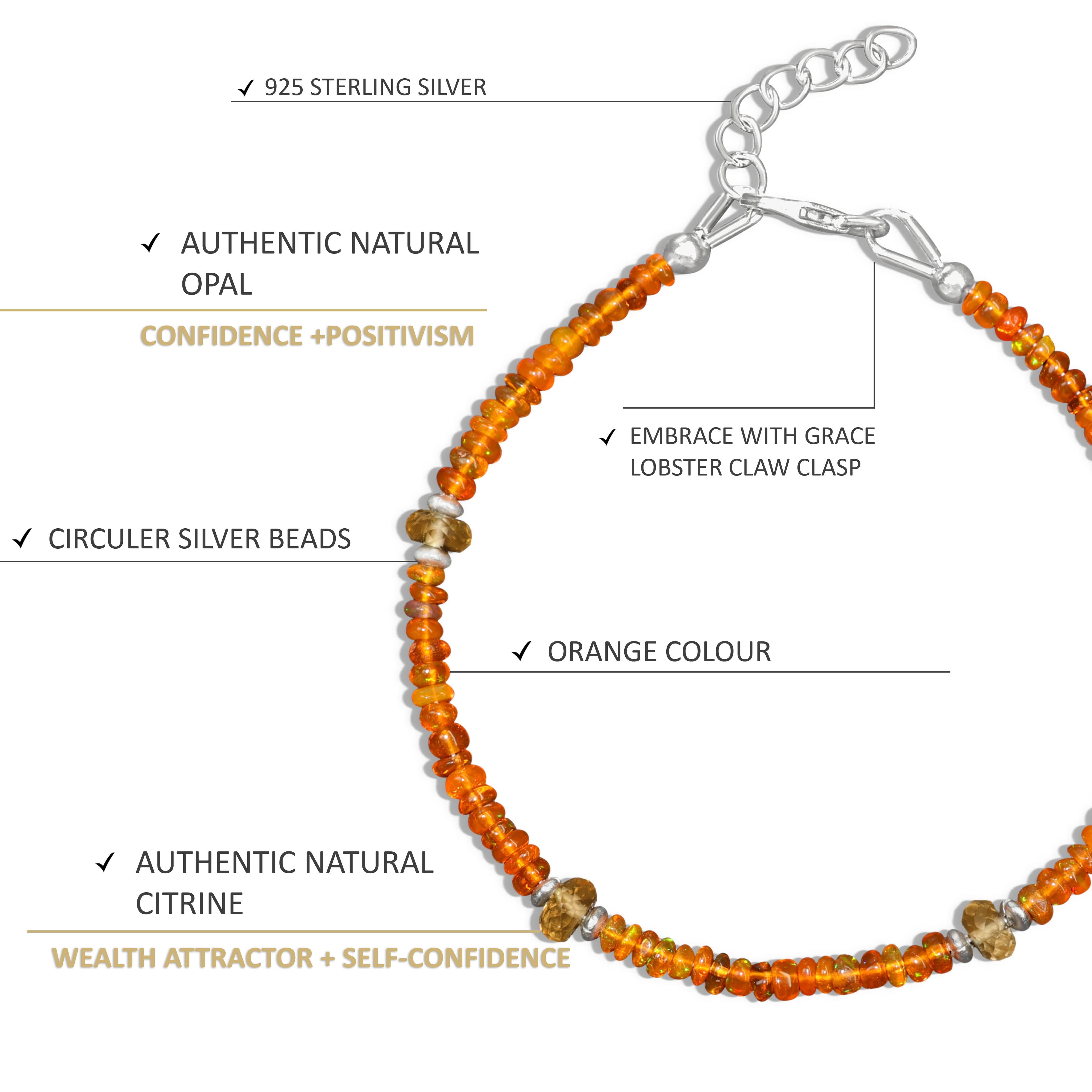 Silver Beaded Bracelet with Natural Orange Opal & Citrine Gemstones | Handmade Boho Jewelry for Women | Perfect for Weddings, Parties & Everyday Wear