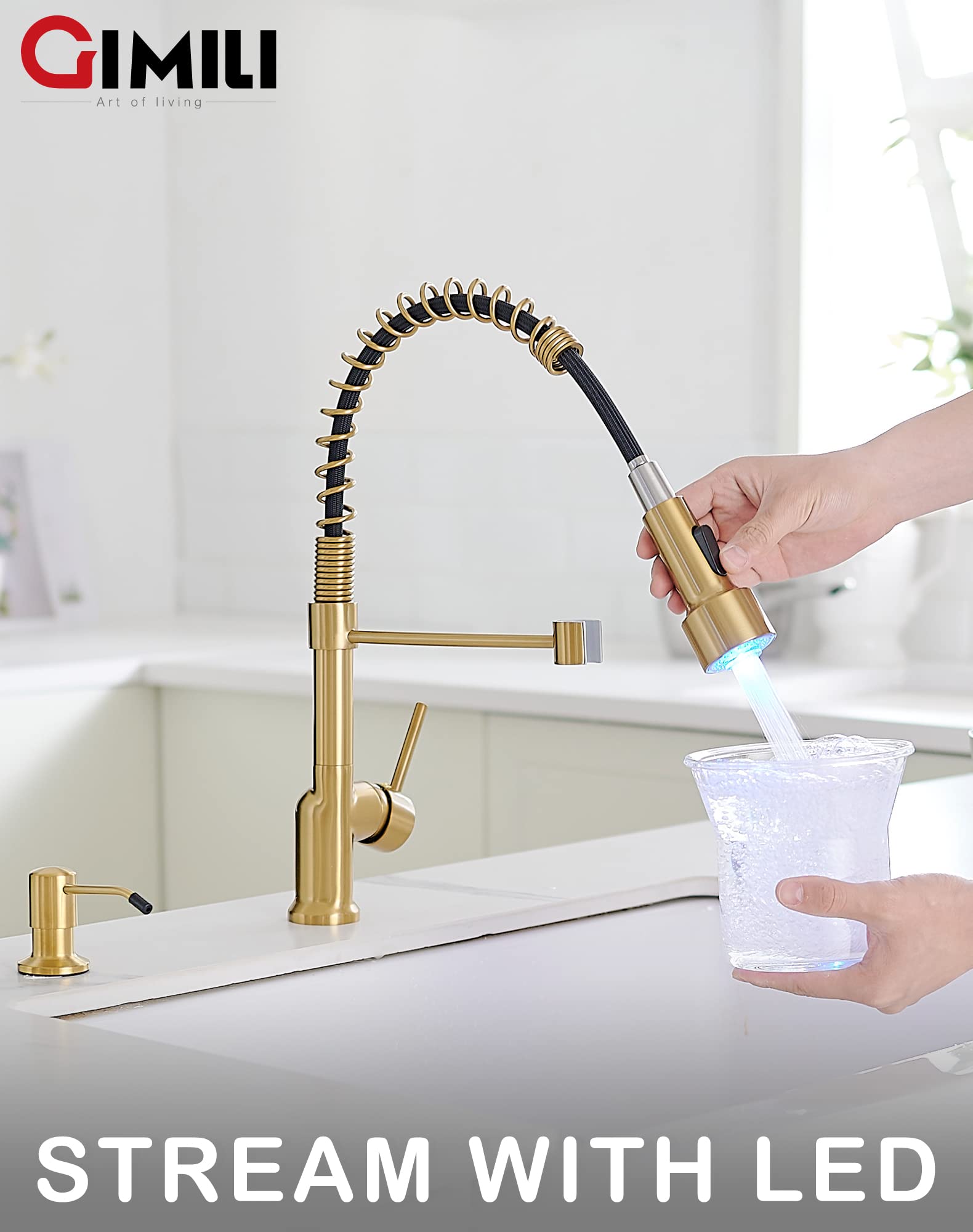 GIMILI Brushed Gold Kitchen Faucet with Pull Down Sprayer & LED Light for Modern Kitchens