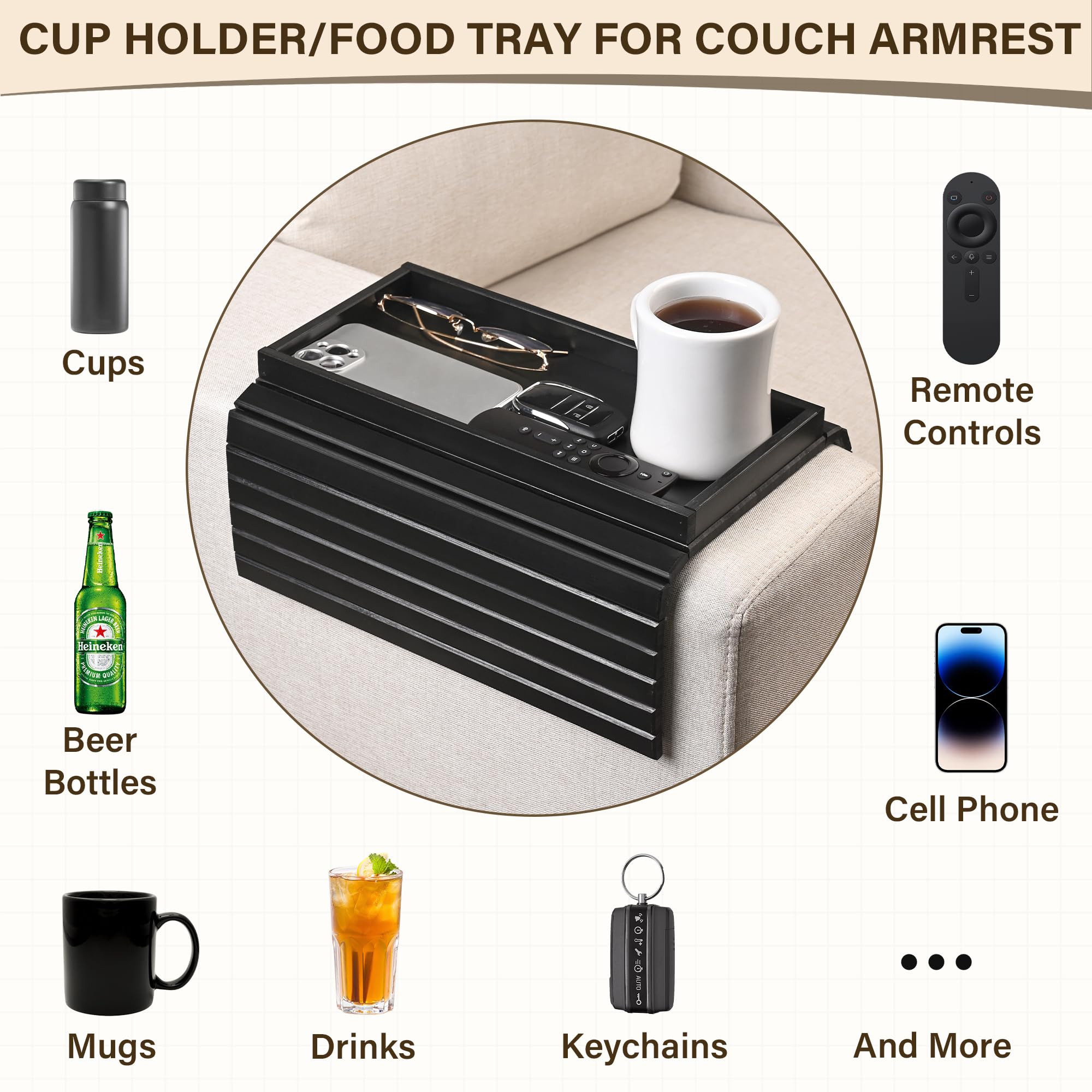 Foldable Bamboo Sofa Arm Tray with Anti-Slip Pad - Couch Armrest Table for Eating, Drinking, Snacks, Remote Control & Phone - Perfect for Living Room, Bedroom, Office & Home Theater Use
