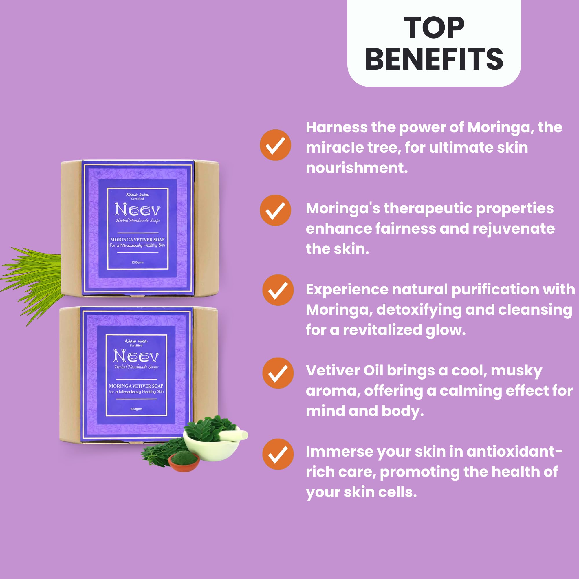 Neev Herbal Handmade Moringa Vetiver Soap - 100g Organic Natural Skincare for Healthy Glowing Skin | Gentle Cleansing for Dry, Sensitive Skin | Perfect for Daily Face & Body Wash