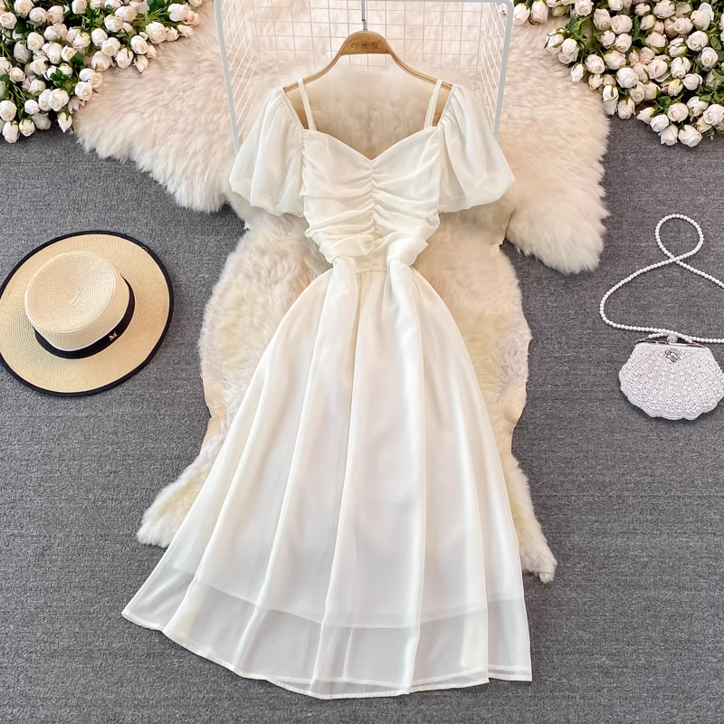 Bubble Short Sleeve Square Neck Dress - Pleated A-Line Chiffon Long Skirt for Women | Summer Casual Flowy Dress for Beach, Party & Everyday Wear | Style 926