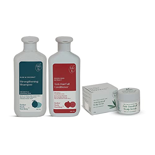 BBB Better Body Bombay Hair Strengthening Combo - Aloe & Coconut Shampoo (300ml) + Onion Seed Conditioner (300ml) + Tea Tree Scalp Scrub (100g) - Hair Growth, Anti Hair Fall & Dandruff Treatment for Men & Women - Daily Hair Care Routine