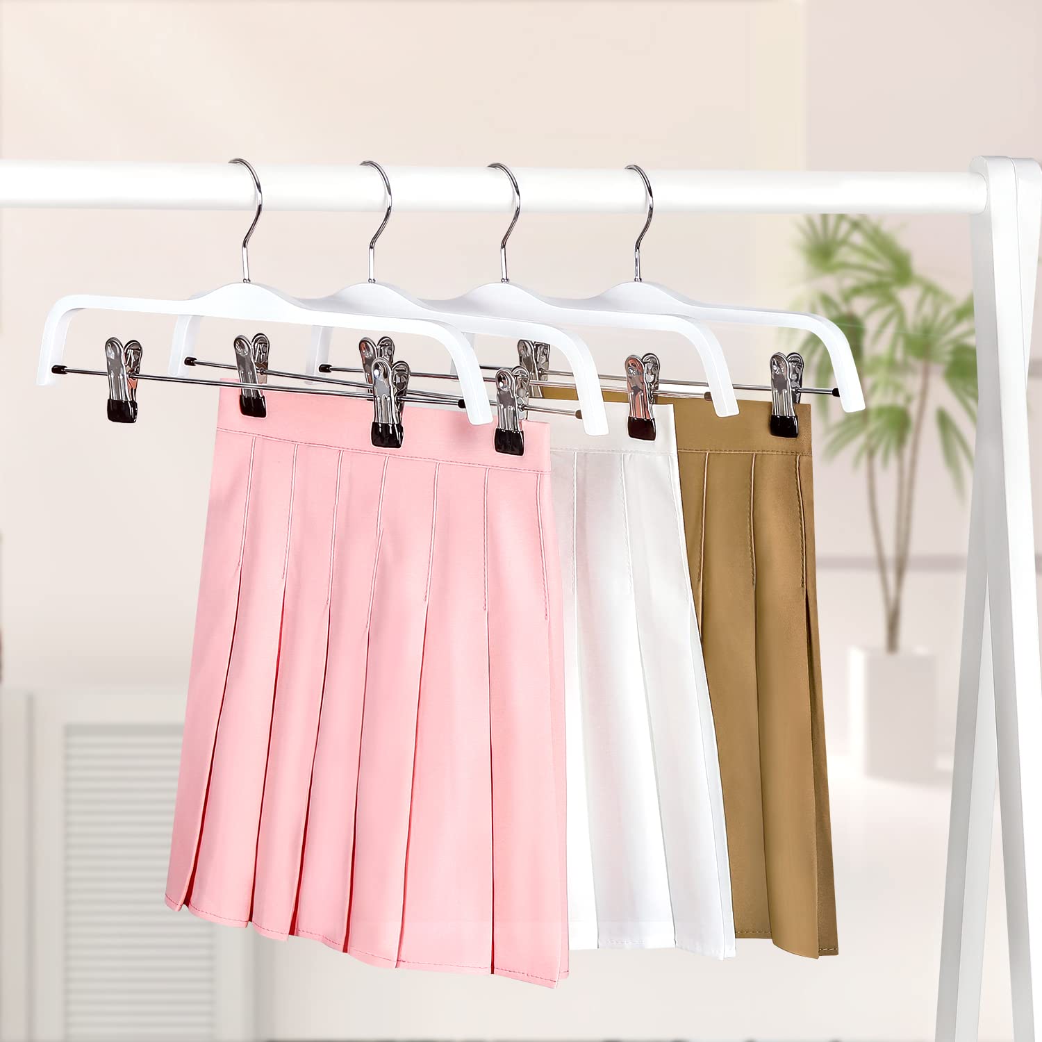 Top 10 Pack Wooden Pants Hangers with Anti-Rust Hooks & Adjustable Metal Clips - Natural Slim Skirt Hangers for Pants, Slacks, Dresses - Space Saving Closet Organization for Home & Retail Stores