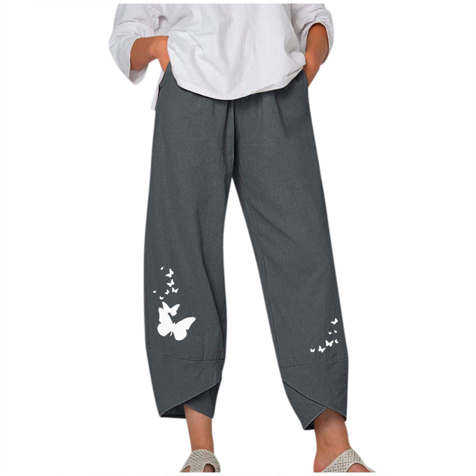 Women's Wide Leg Pants - Cotton Linen Cropped Trousers with Elastic Waist & Pockets | Comfortable Loose Fit for Casual Wear, Office & Summer Outfits