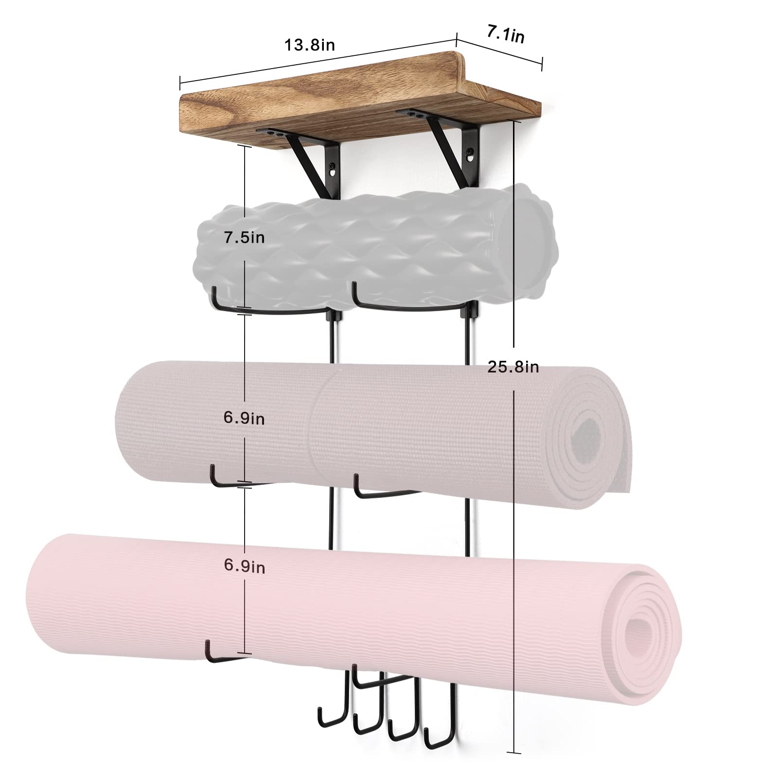 Bikoney Wall Mount Yoga Mat Holder with Wood Floating Shelves & 4 Hooks - Yoga Mat Storage Organizer for Foam Roller, Resistance Bands & Home Gym Accessories (Carbonized Black) - Perfect for Yoga Studios, Home Gyms & Small Space Organization