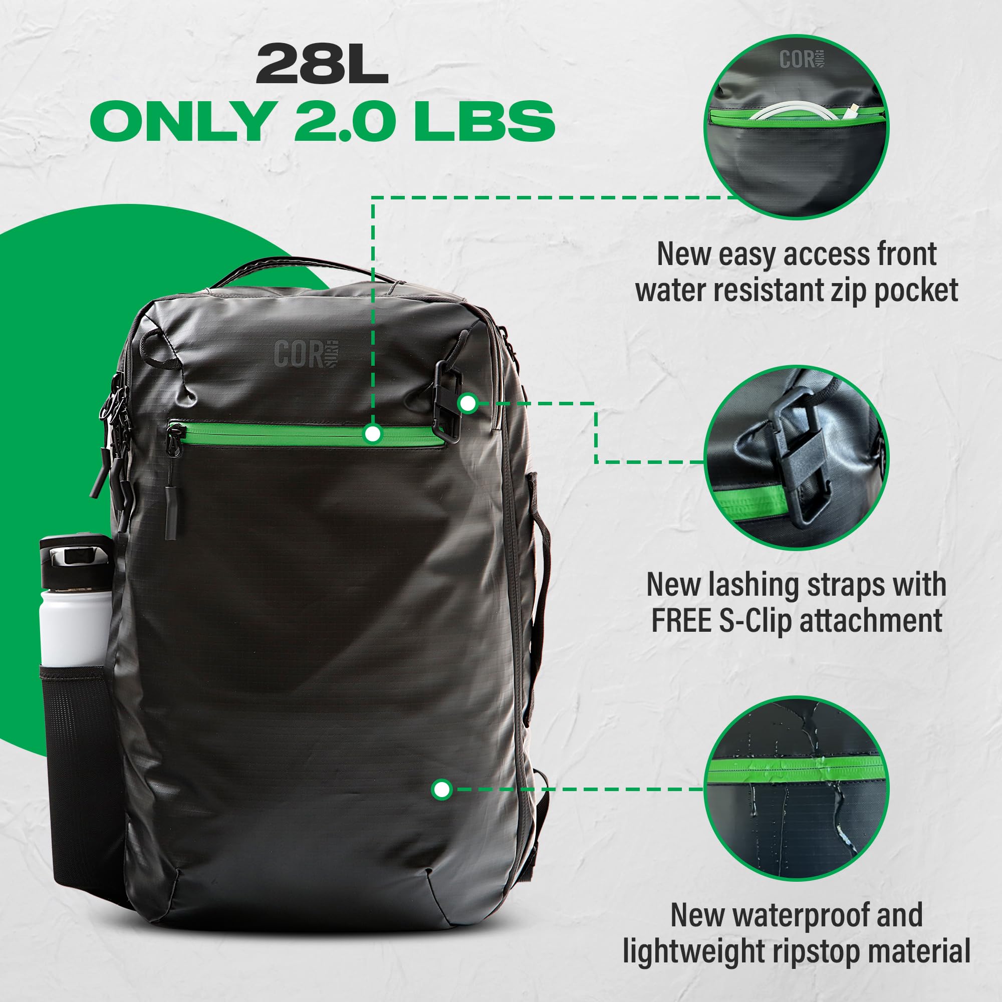 COR Surf Carry On Travel Backpack 28L - Ultralight Airline Approved Personal Item Backpack | Waterproof Matte Black Edition with Free S-Clip | Perfect for Island Hopping, Business Travel & Weekend Getaways