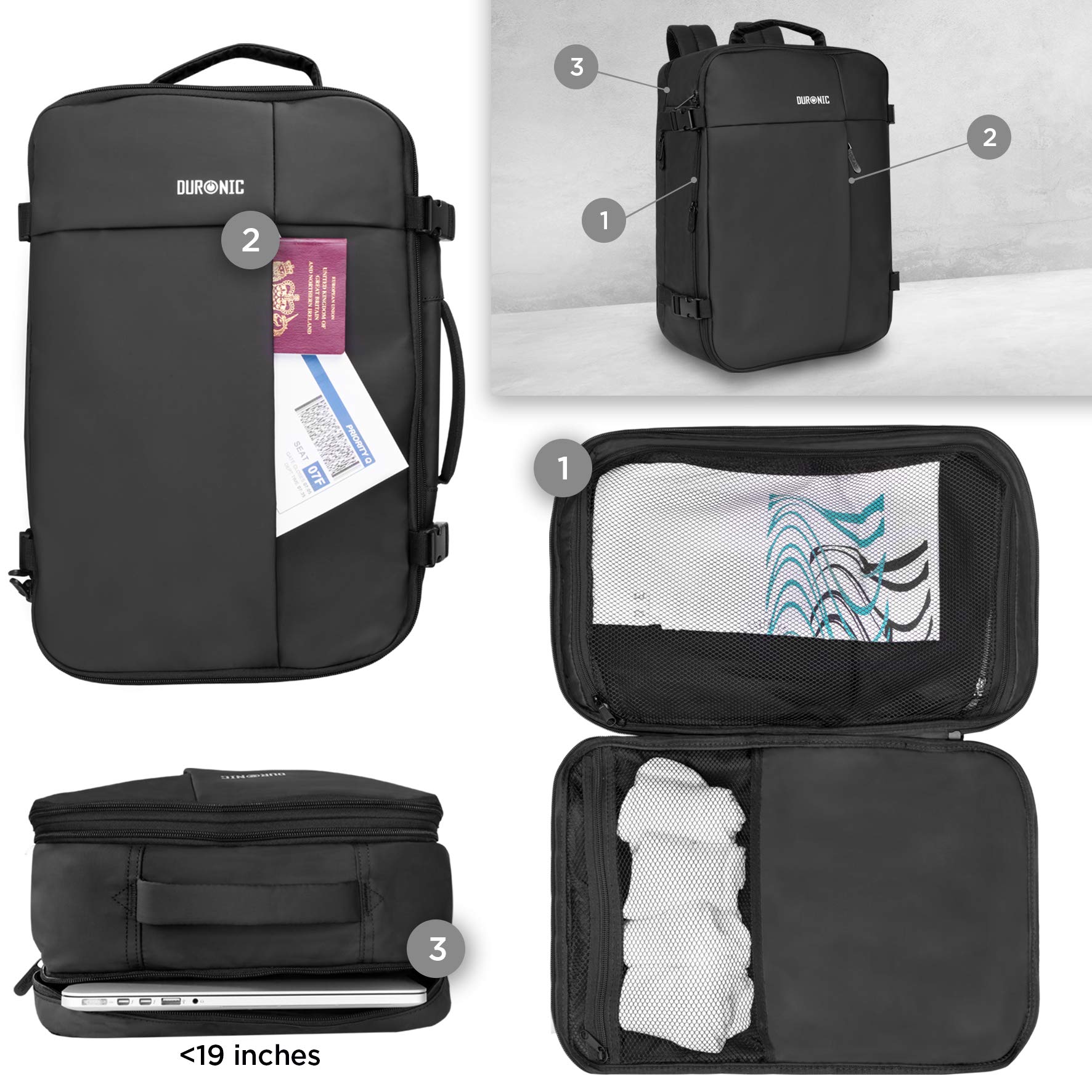Duronic LB26 Water Resistant Laptop Backpack - 17 Inch Padded Laptop Compartment for MacBook, Business Travel & Work - Airplane Cabin Approved Carry-On Rucksack for Commuters & Students