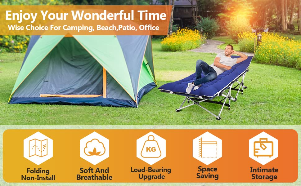 Homdox Portable Folding Camping Cot - Adjustable Reclining Chaise Lounge with Pillow for Adults - Outdoor Sleeping Cot & Lounge Chair for Camping, Beach, Pool, Patio - Perfect for Relaxing, Sunbathing & Outdoor Adventures