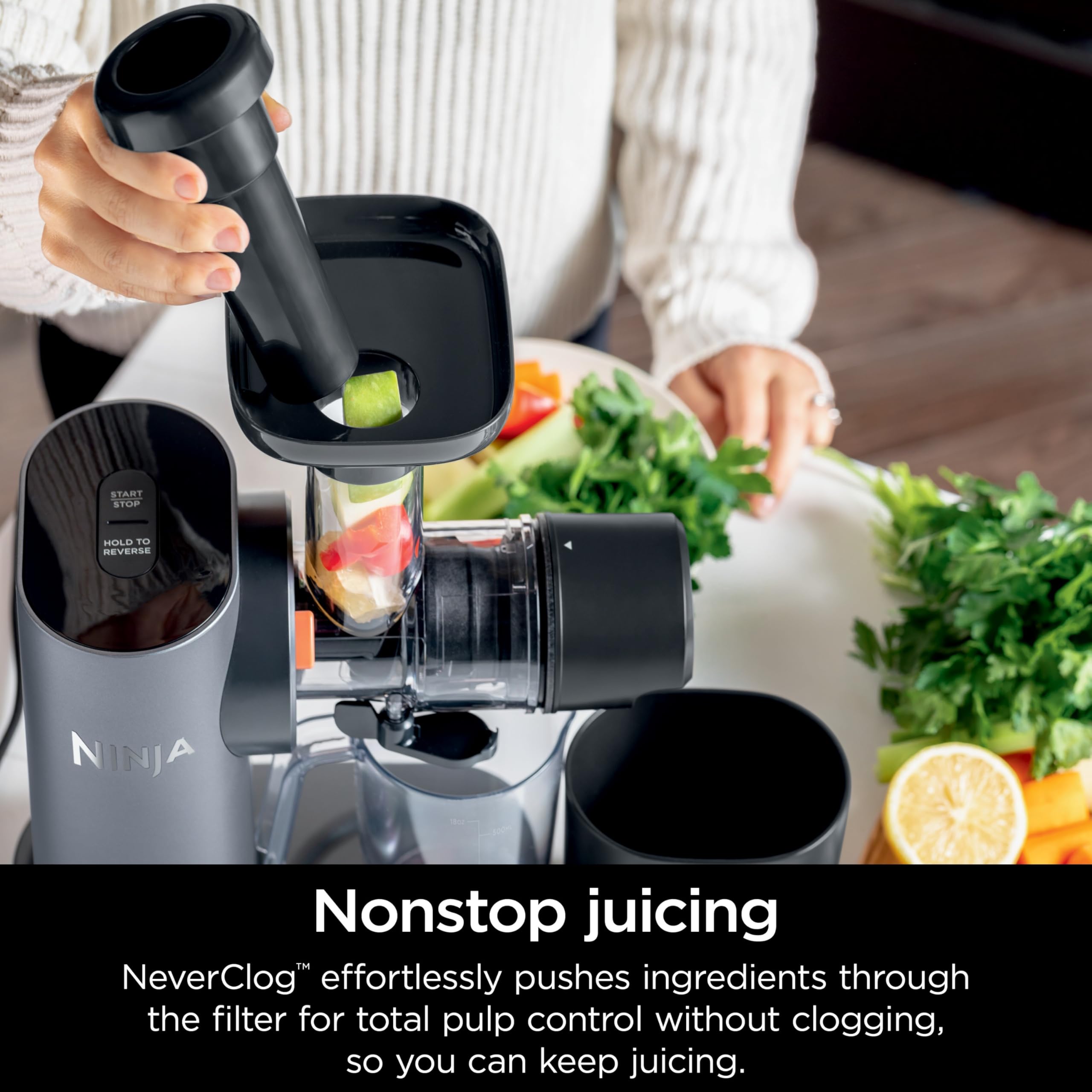 Ninja JC150 NeverClog Cold Press Juicer - Powerful Slow Masticating Juicer with Adjustable Pulp Control, Quiet Countertop Electric Juicer, 2 Pulp Settings, Dishwasher Safe, 2nd Gen (Renewed Silver) - Perfect for Healthy Juicing, Detox Drinks & Family Breakfasts