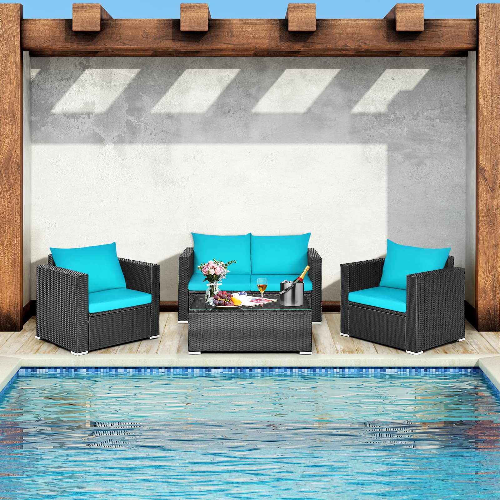 Tangkula 4-Piece Outdoor Patio Furniture Set - Rattan Wicker Sofa Sectional with Cushions & Tempered Glass Coffee Table - Turquoise Conversation Set for Garden, Backyard, Poolside & Courtyard Relaxation