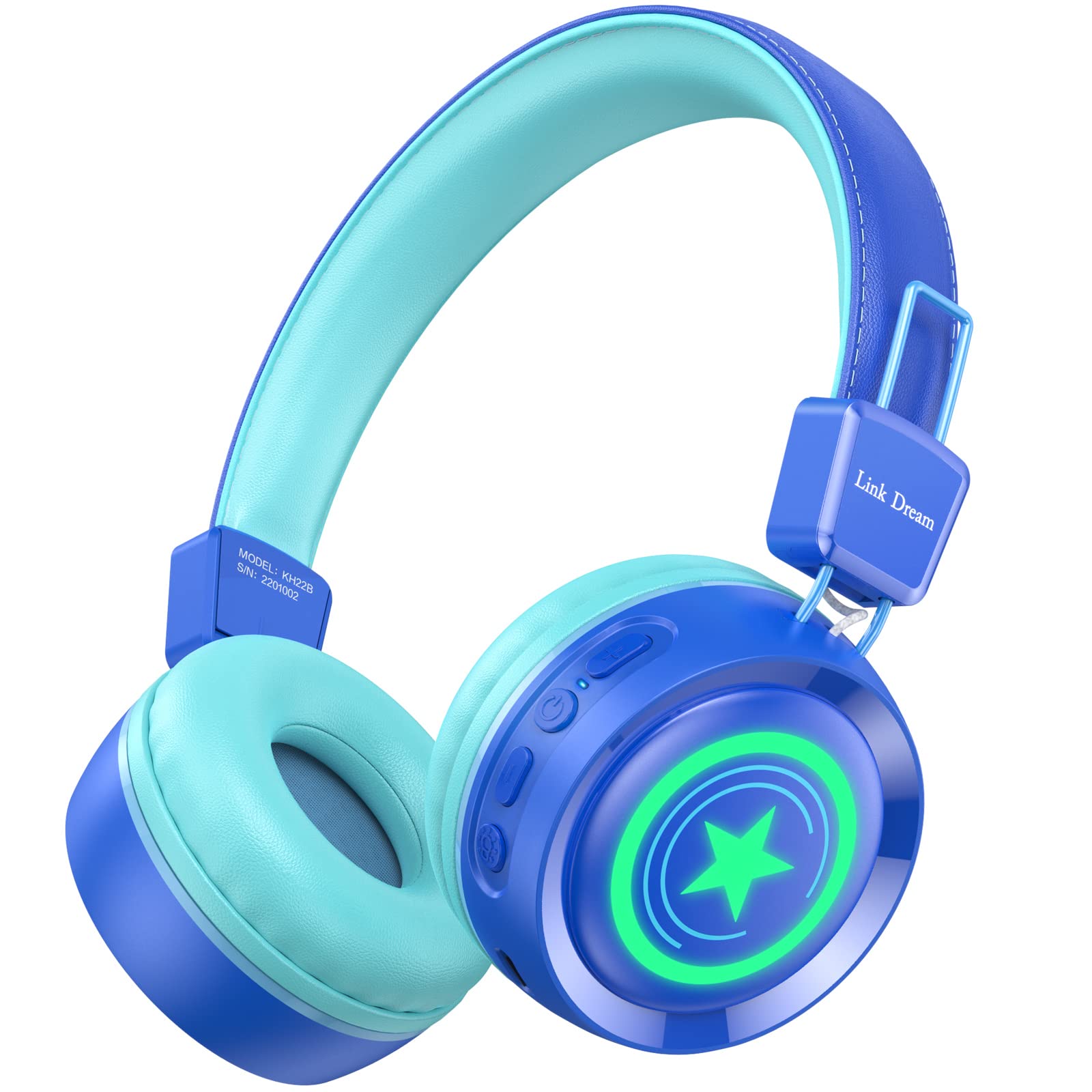 Link Dream Kids Bluetooth Headphones with Microphone - Wireless On-Ear Headset with LED Lights for Toddlers & Children - Compatible with iPhone, Android, iPad, Tablet, PC - Perfect for School, Online Classes, Gaming & Music (Blue)