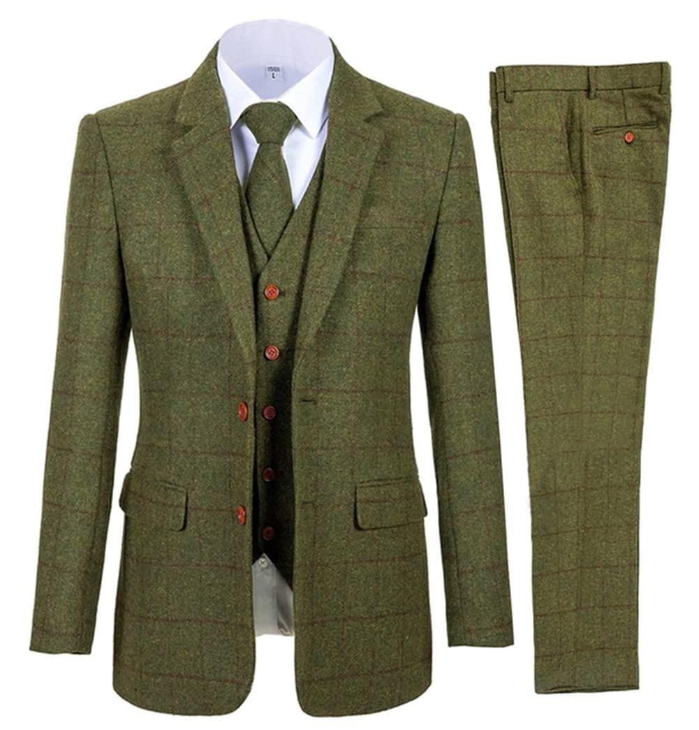 Vintage Green Plaid Tweed 3-Piece Men's Suit with Lapel - Classic Winter Wedding Tuxedo for Groomsmen & Formal Occasions | Perfect for Weddings, Parties, and Business Events