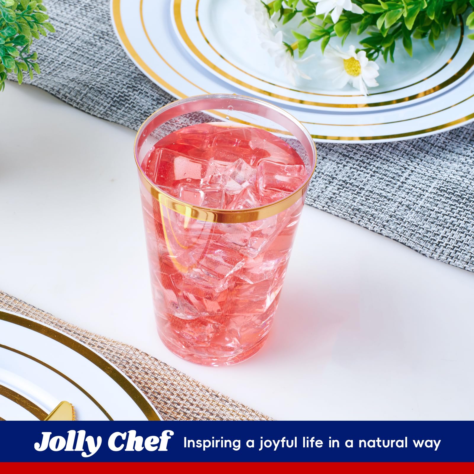 JOLLY CHEF 100-Pack 12oz Clear Plastic Cups with Gold Rim - Elegant Disposable Tumblers for Wedding, Party, Thanksgiving & Christmas - Perfect for Cocktails, Beverages & Celebrations - Ideal for Home Entertaining, Office Events and Holiday Gatherings