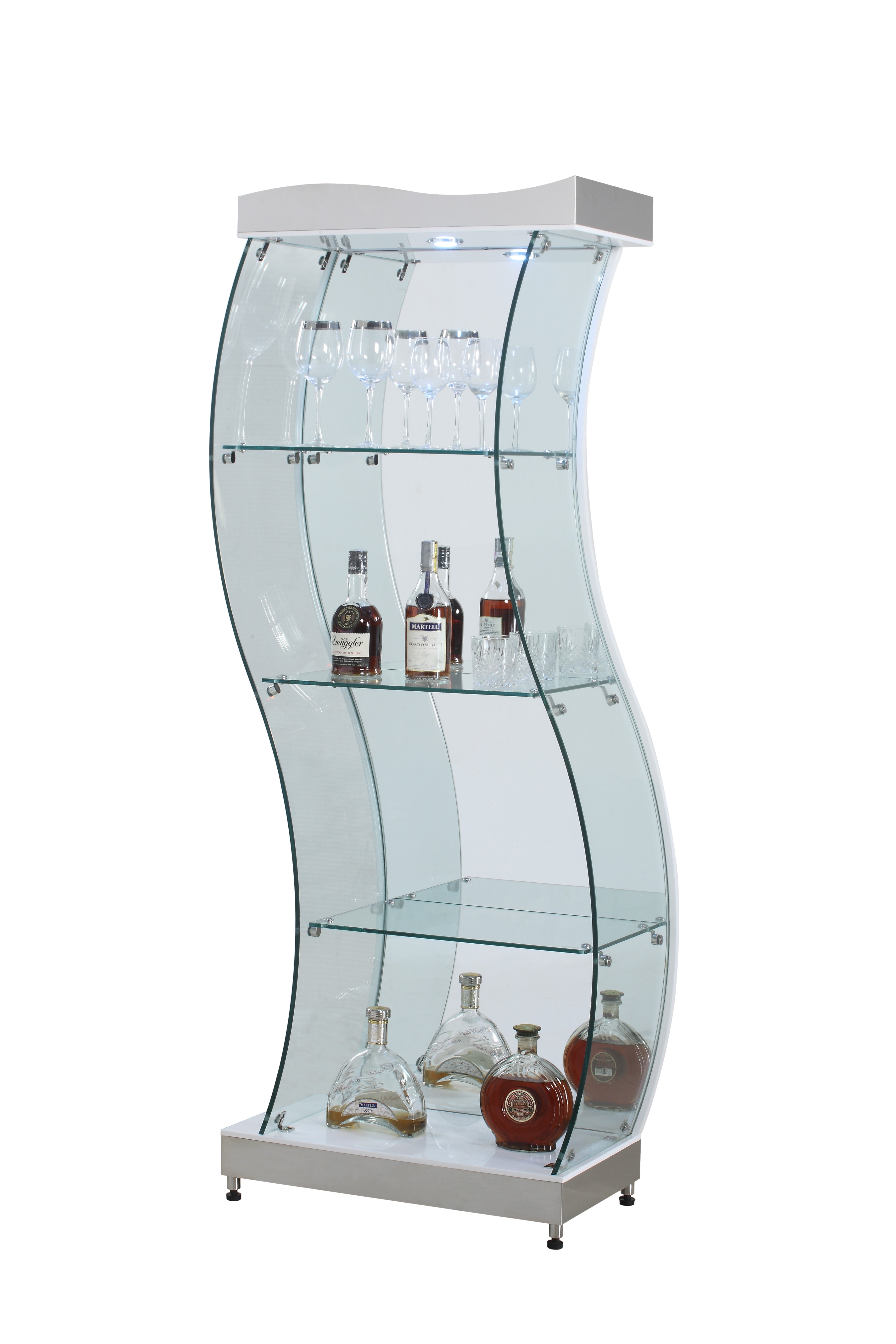 Modern S-Shaped Glass Display Cabinet with LED Lights - Elegant Curio Showcase for Home Decor, Collectibles & Antiques | Perfect for Living Room, Bedroom or Office Display