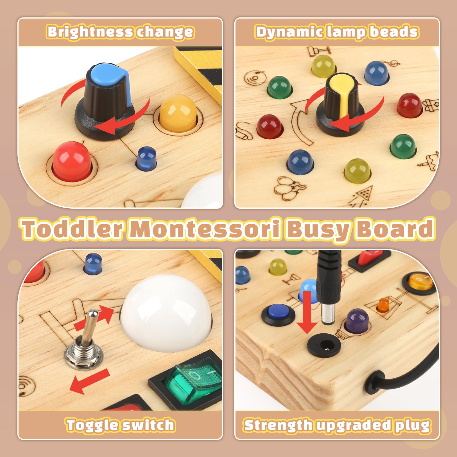 Joyreal Montessori Busy Board - Wooden Sensory Toy with LED Light Switch for Toddlers 18+ Months | Educational Travel Toy for 1-3 Year Old Boys & Girls | Perfect Gift for Learning Fine Motor Skills & Focus - Great for Airplane, Car Rides & Quiet Playtime