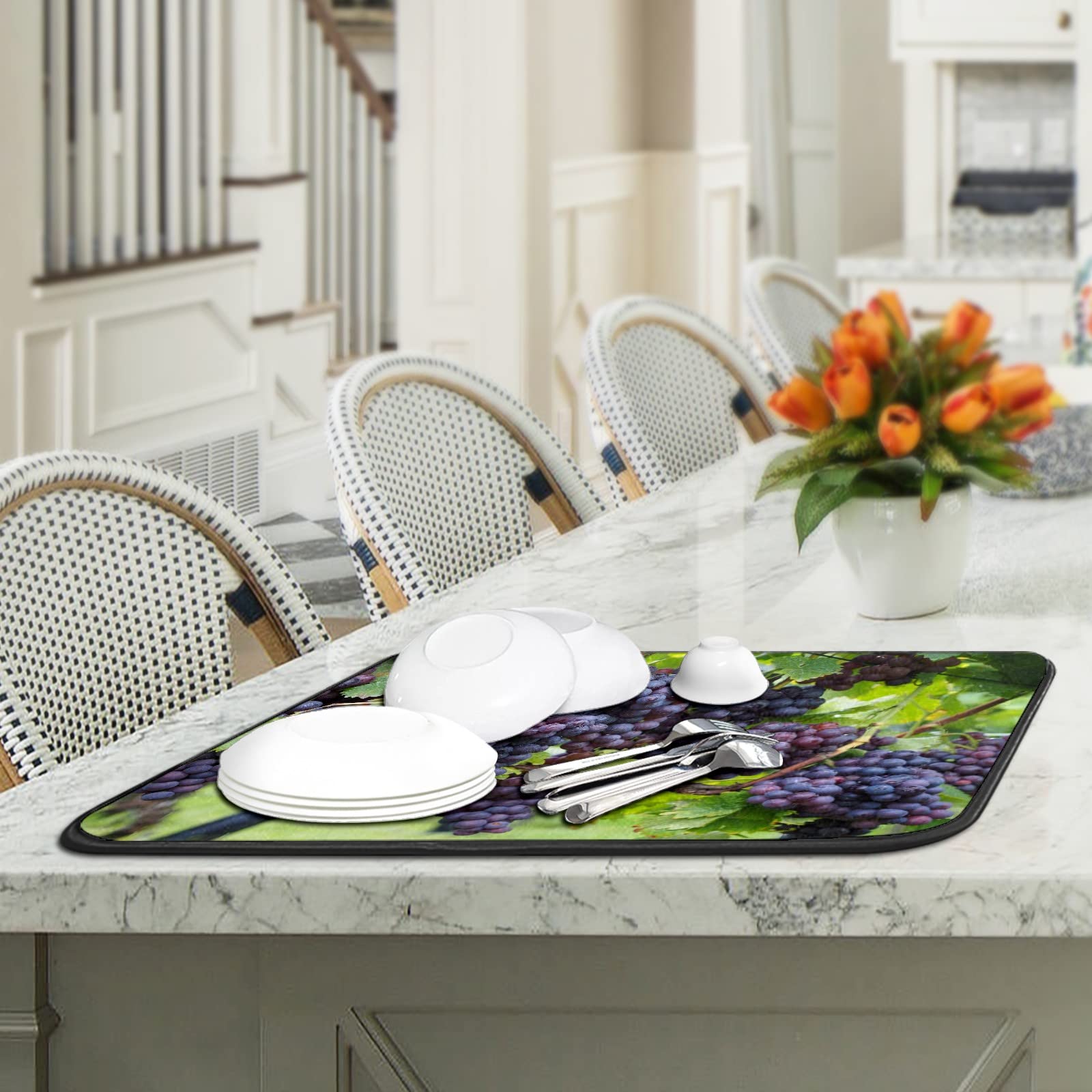 Purple Grapes Dish Drying Mat - Reversible Microfiber Kitchen Counter Mat (18x16in) for Dishes & Fruits