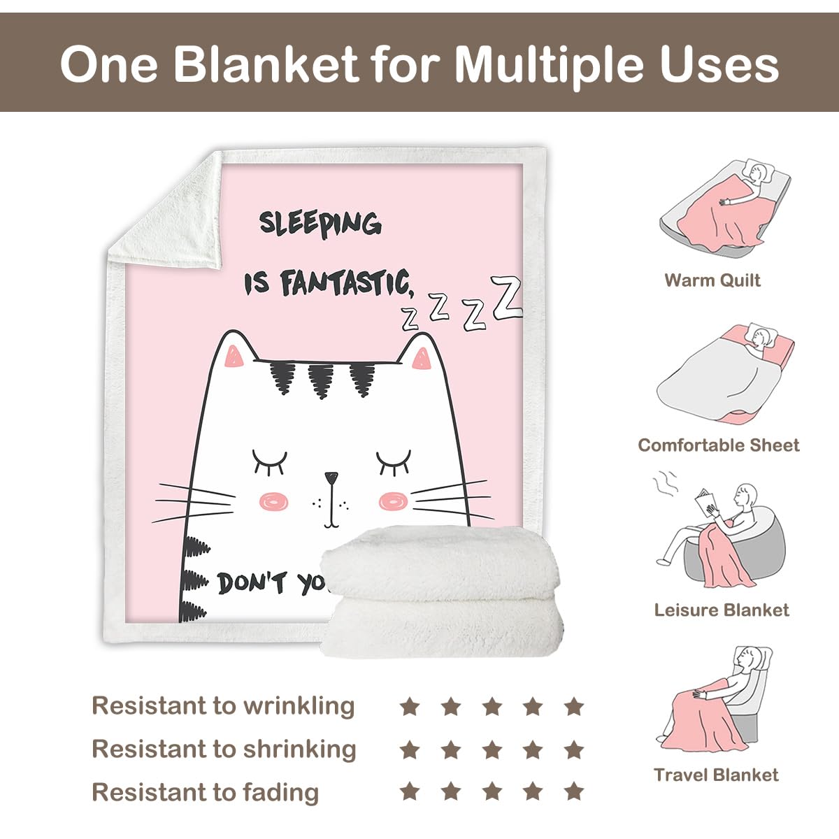 Soft Pink Sherpa Fleece Throw Blanket with White Cat Design - Cozy Twin Size (60