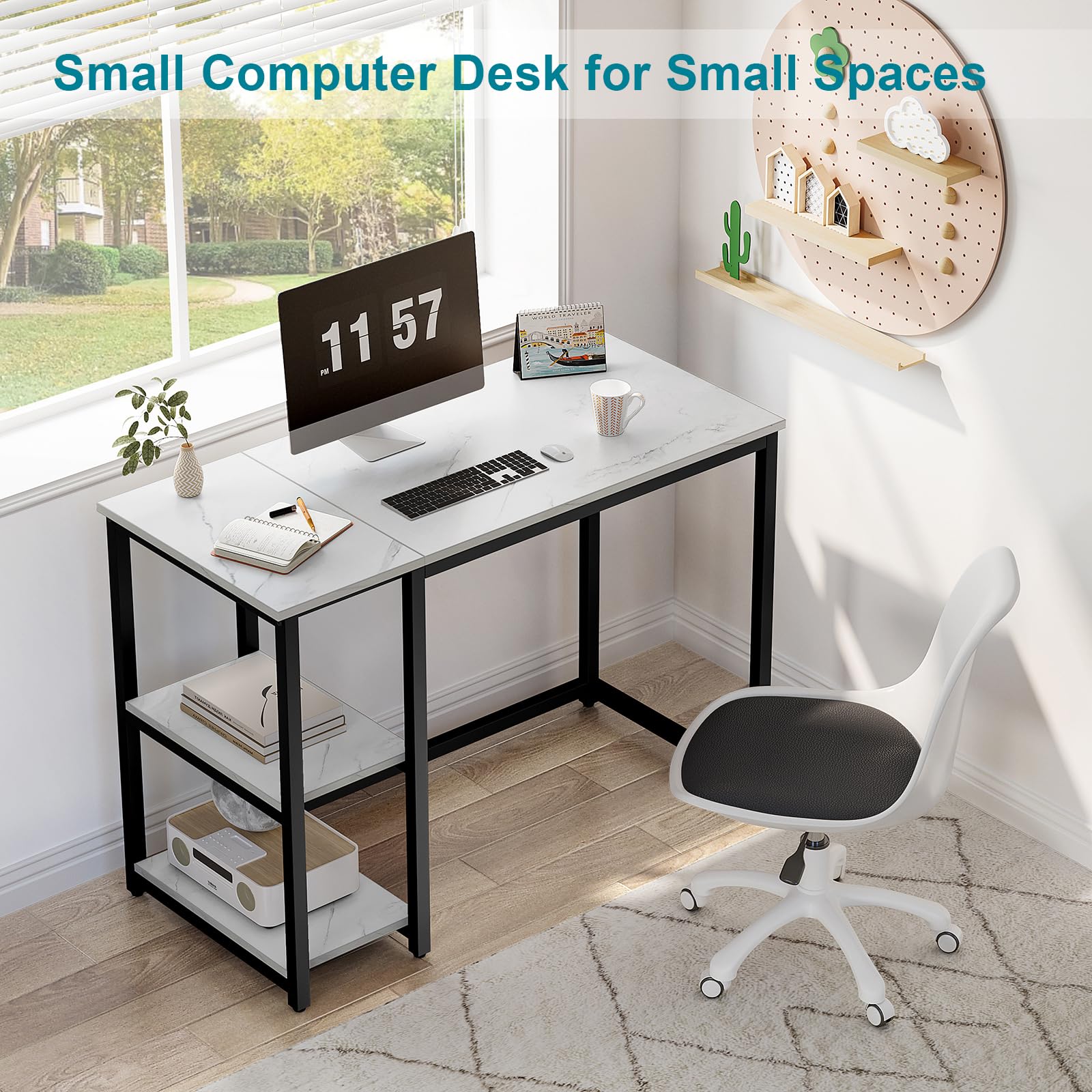 SINPAID 40-inch Modern Computer Desk with 2-Tier Shelves - Sturdy Home Office Desk, Gaming & Study Table with Large Storage Space - Black Marble & White Marble Finish - Perfect for Small Spaces, Dorm Rooms & Home Offices