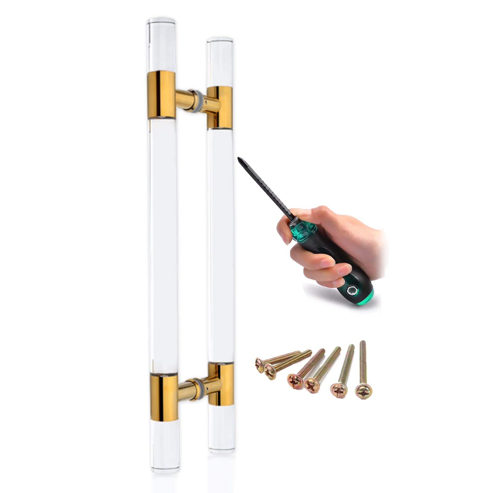 Acrylic Round Clear Door Handles with Gold Finish - 24/34/40/60/70 Inch Long Barn Door Pull for Indoor & Outdoor Use - Push Pull French Glass Door Hardware - Entry Gate Knob (120cm/47 inch) - Perfect for Modern Homes, Offices, and Commercial Spaces