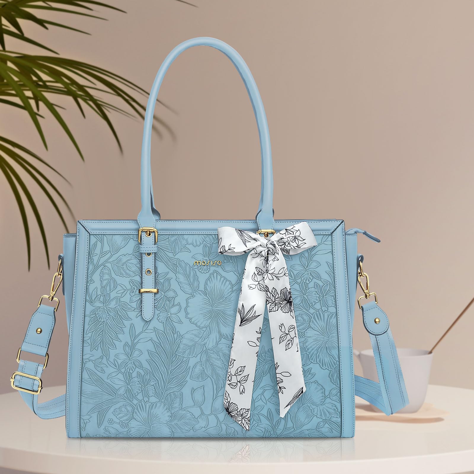 MOSISO 17-17.3 Inch Laptop Tote Bag for Women - PU Leather Computer Bag Compatible with MacBook Pro/Air, HP, Dell, Asus - Stylish Retro Hibiscus Design with Silk Scarf & Clutch Purse (Air Blue) - Perfect for Work, Travel & Business Meetings
