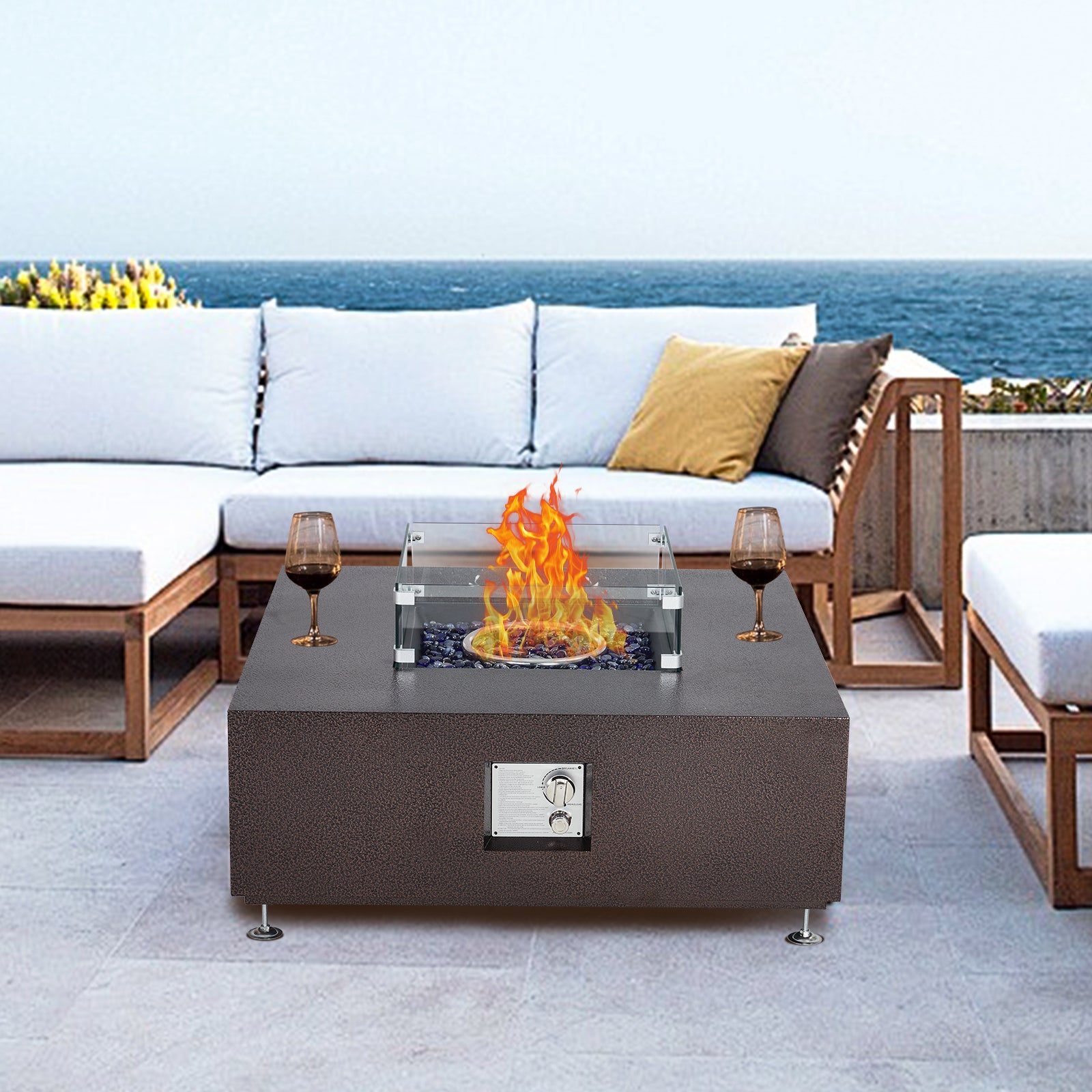 GARVEE 36-Inch 50,000 BTU Propane Fire Pit Table with Wind Guard - 11lbs Fire Glass Beads, Weatherproof Rain Cover, Durable Steel Rust-Resistant Finish - CSA Certified Bronze Patio Heater for Outdoor Backyard, Deck, Garden, and Camping