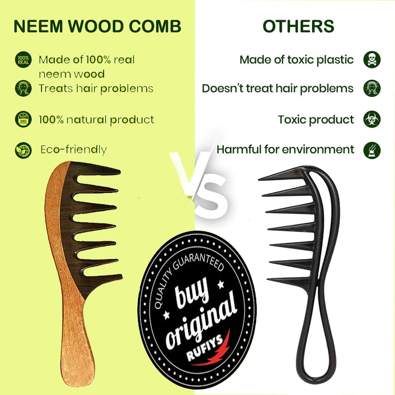 Rufiys Wide Tooth Neem Wooden Comb for Curly Hair - Anti-Dandruff, Hair Growth & Detangling Comb for Women - Perfect for Daily Hair Care, Scalp Massage & Reducing Hair Fall