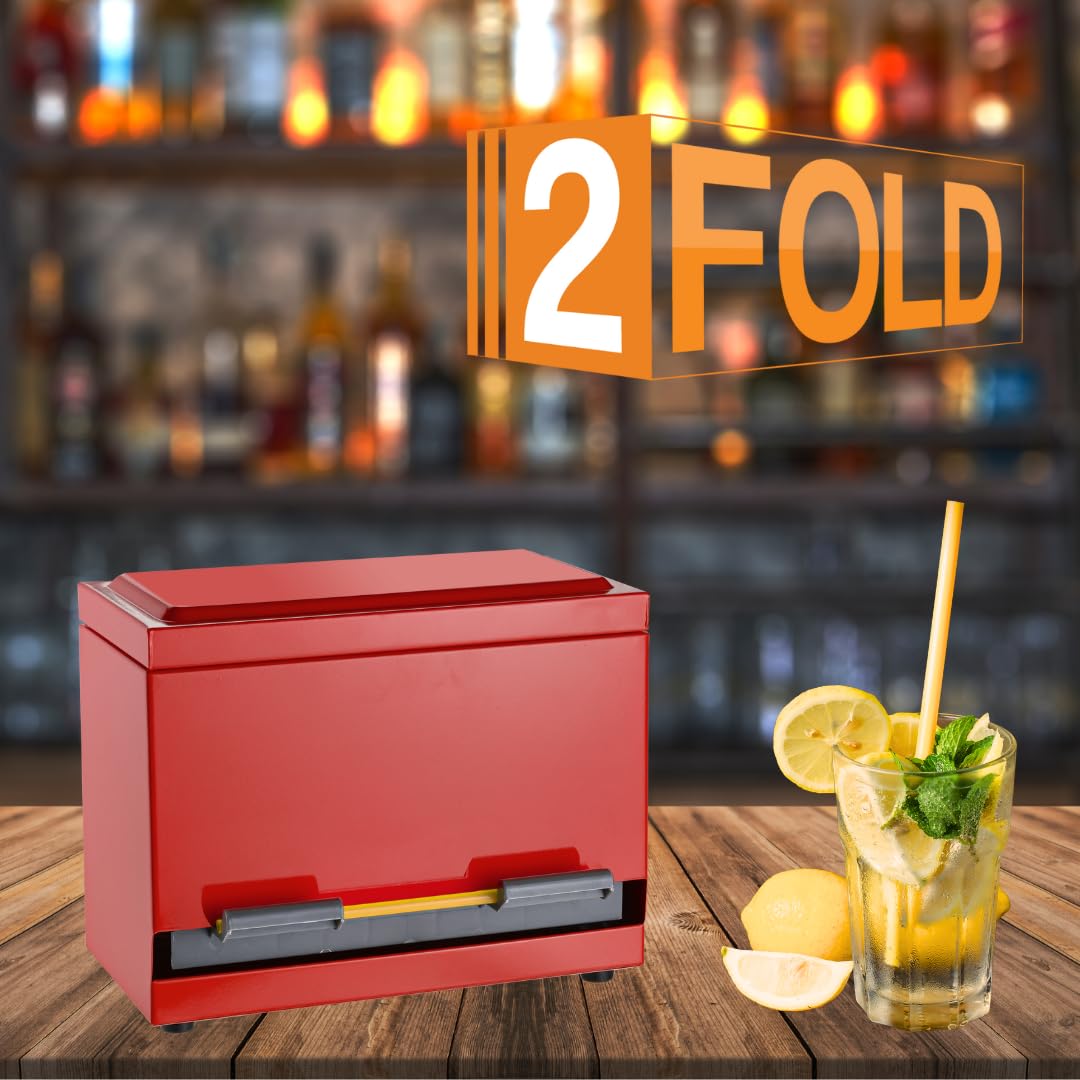 2Fold Stainless Steel Straw Dispenser - Bulk Drinking Straw Organizer for Paper & Plastic Disposable Straws - Includes Custom Label Stickers (Red) | Perfect for Restaurants, Cafes, and Eco-Friendly Home Use