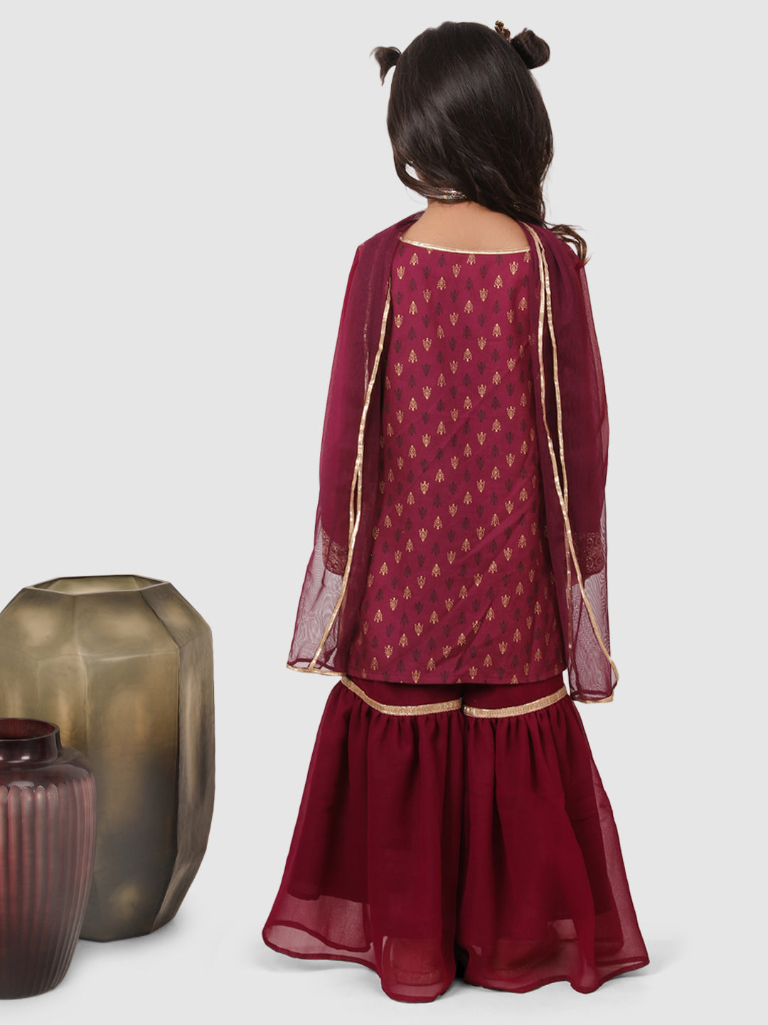 Pre Order: Elegant Wine Red Lace Embellished Sharara Set with Dupatta - Perfect for Weddings, Parties & Festive Occasions
